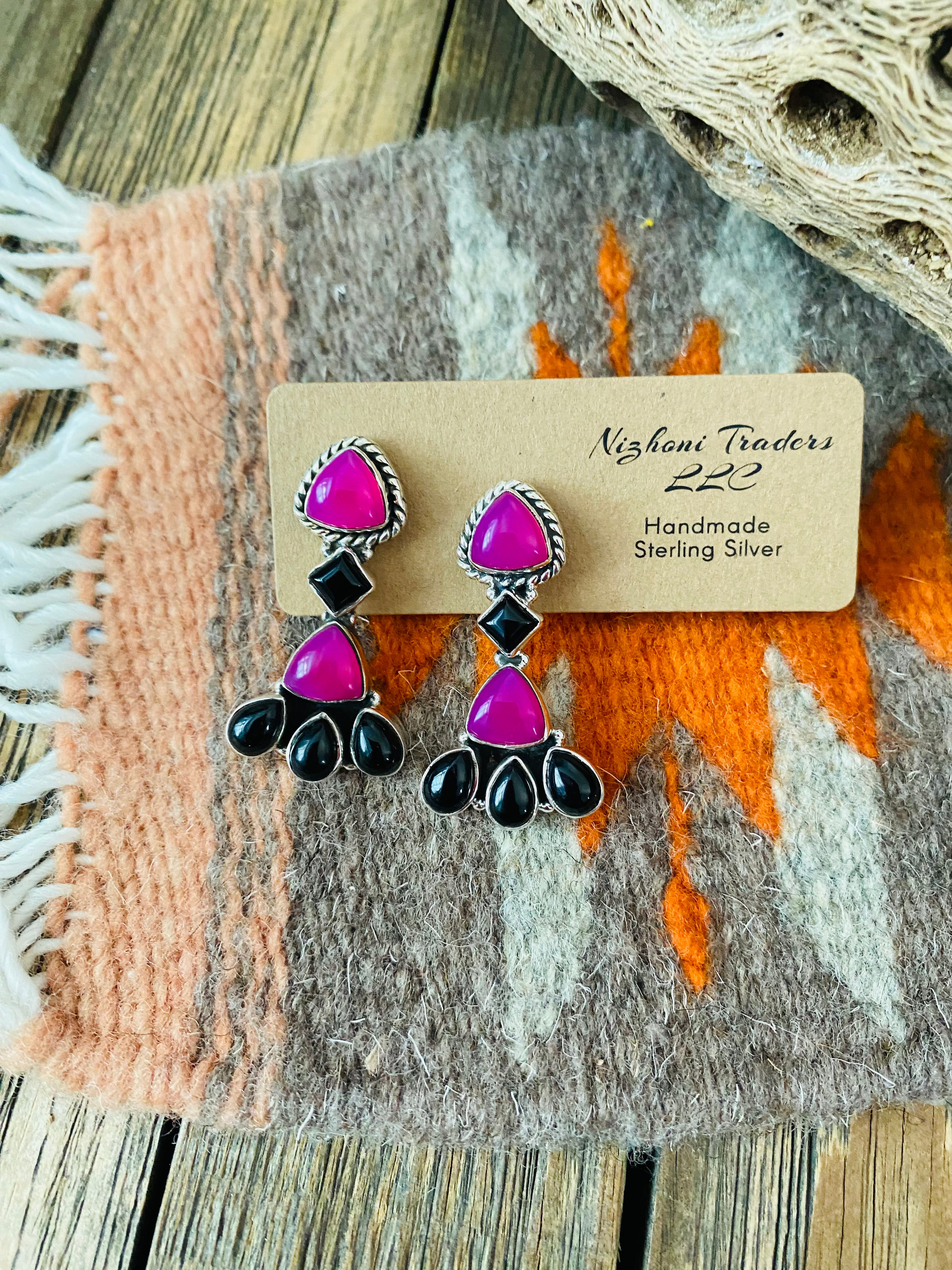 Handmade Pink & Black Onyx Sterling Silver Post Earrings Signed Nizhoni