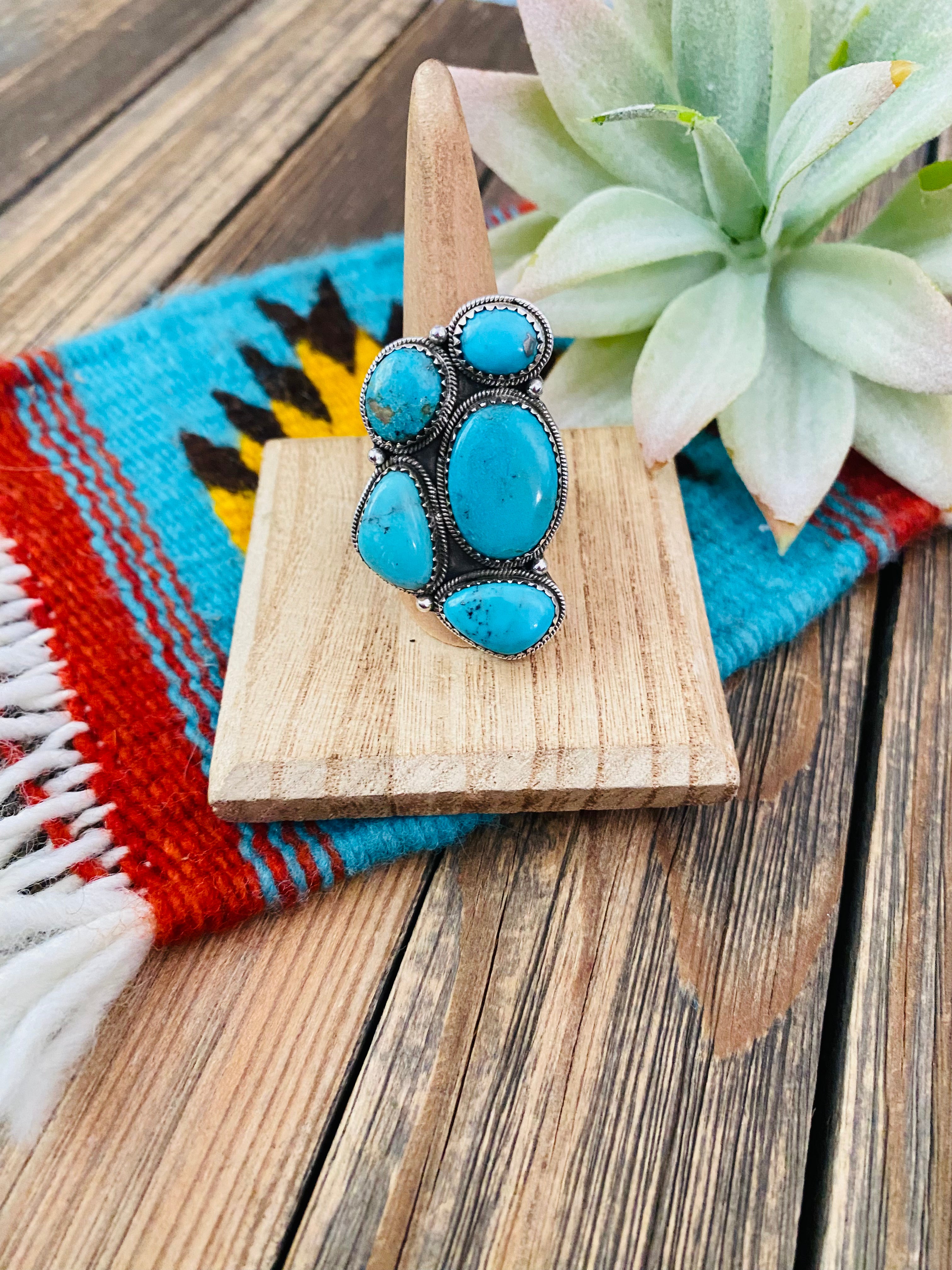 Handmade Sterling Silver & Turquoise Cluster Adjustable Ring