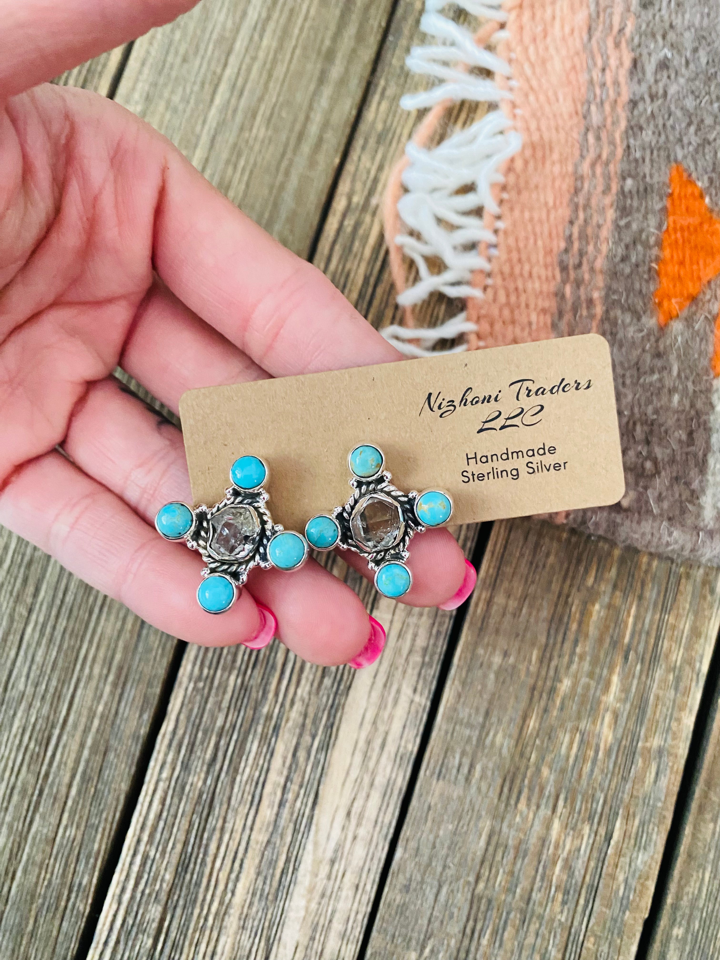 Handmade Herkimer Diamond, Turquoise & Sterling Silver Post Earrings Signed Nizhoni