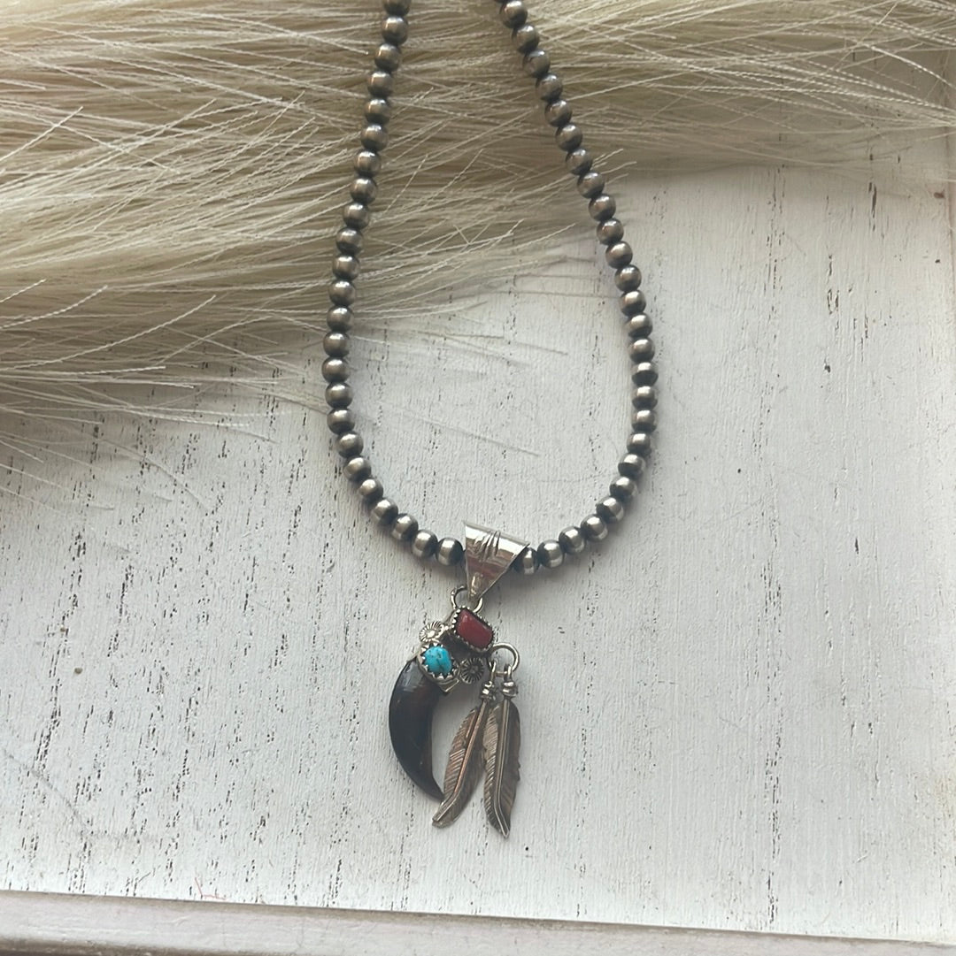 Navajo Coral, Turquoise & Sterling Silver Feather Pendant