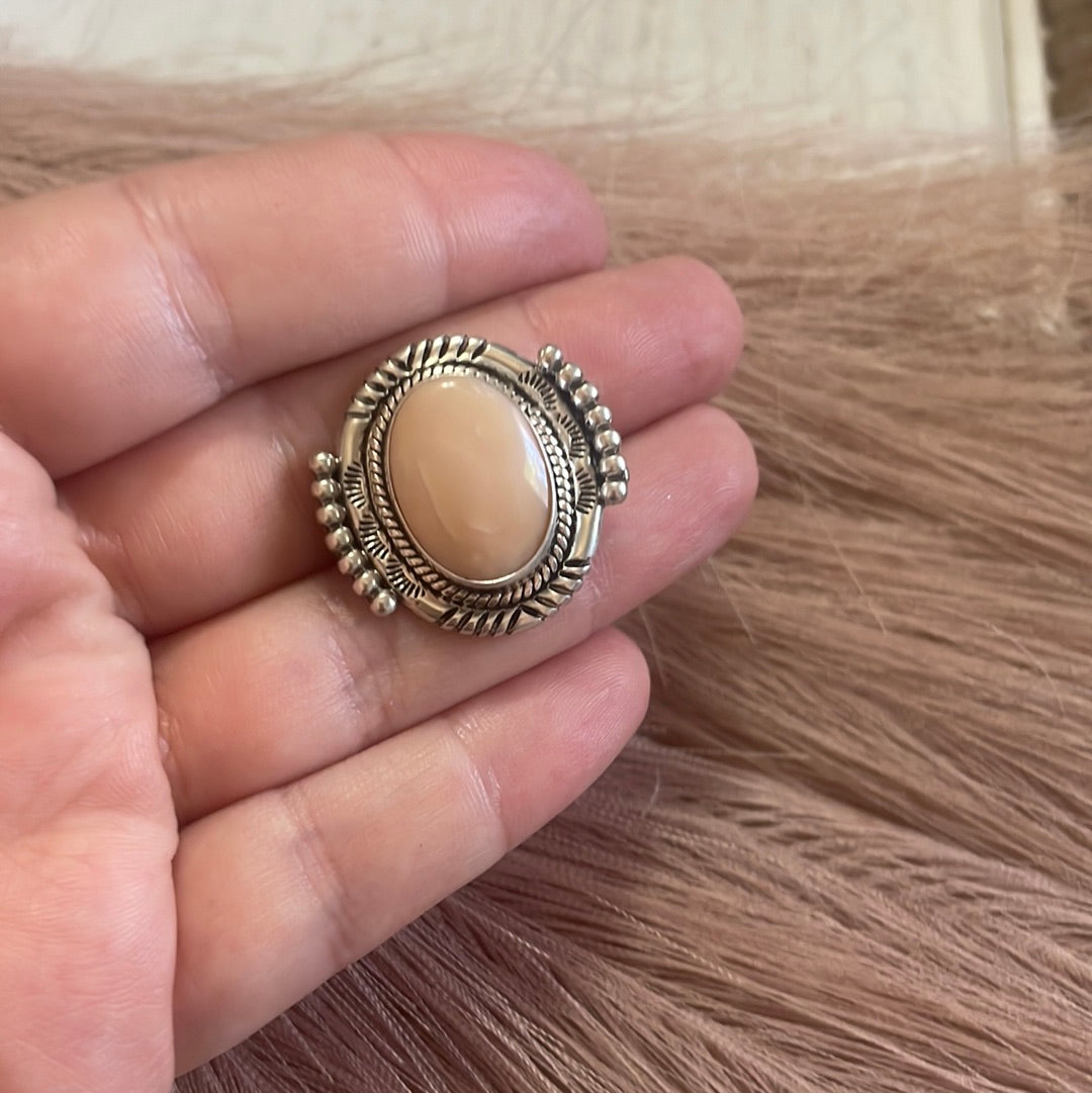 Gorgeous Navajo Pink Peruvian Opal And Sterling Silver Adjustable Ring