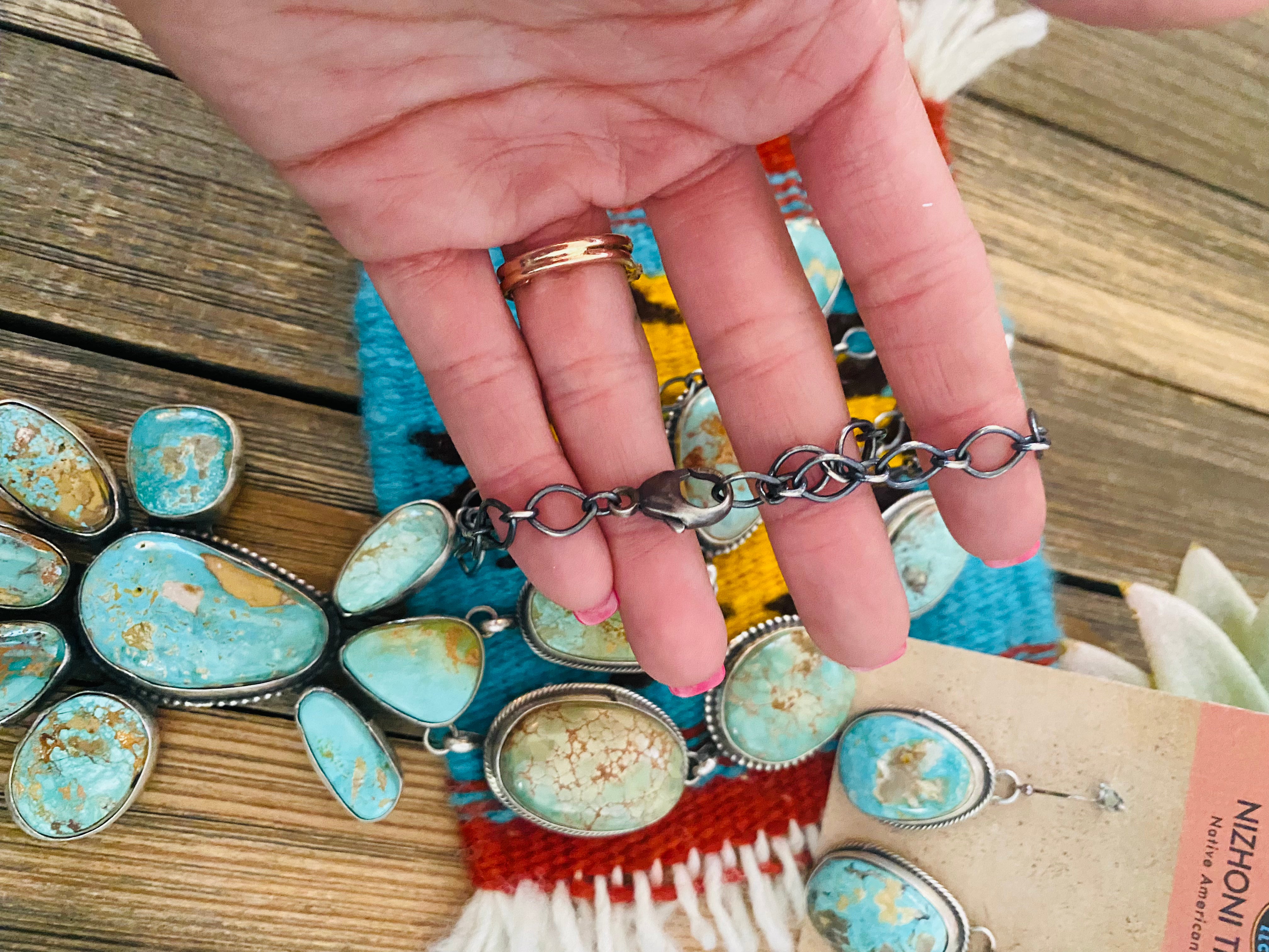 Stunning Navajo Carico Lake Turquoise & Sterling Silver Necklace Set