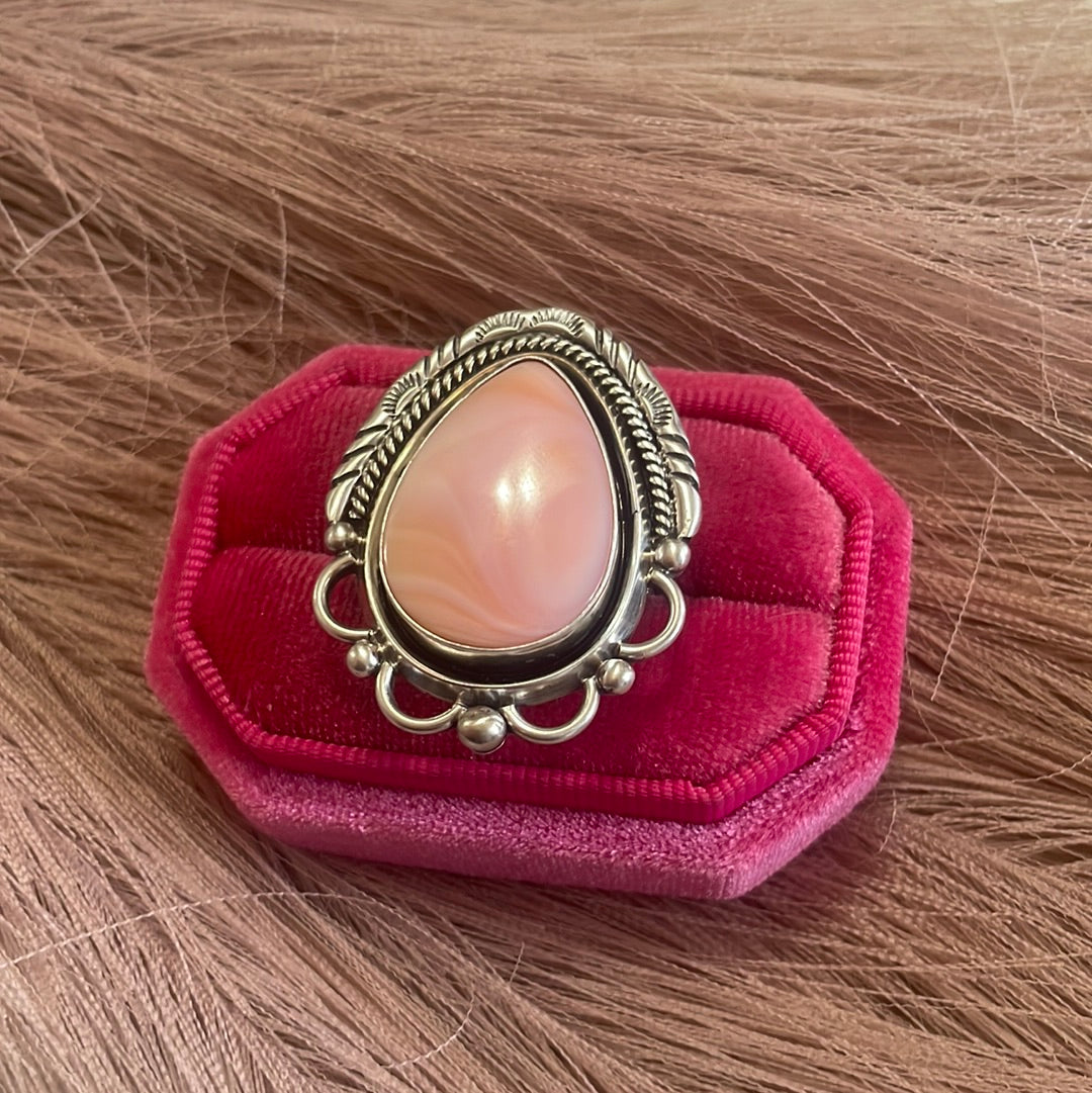 Gorgeous Navajo Pink Peruvian Opal And Sterling Silver Adjustable Ring