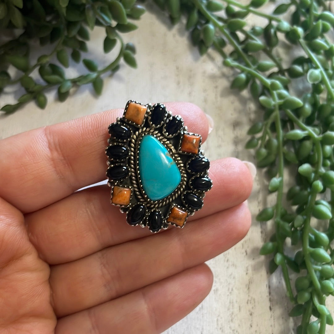 Nizhoni Handmade Turquoise, Black Onyx, Orange Mojave  And Sterling Silver Adjustable Ring