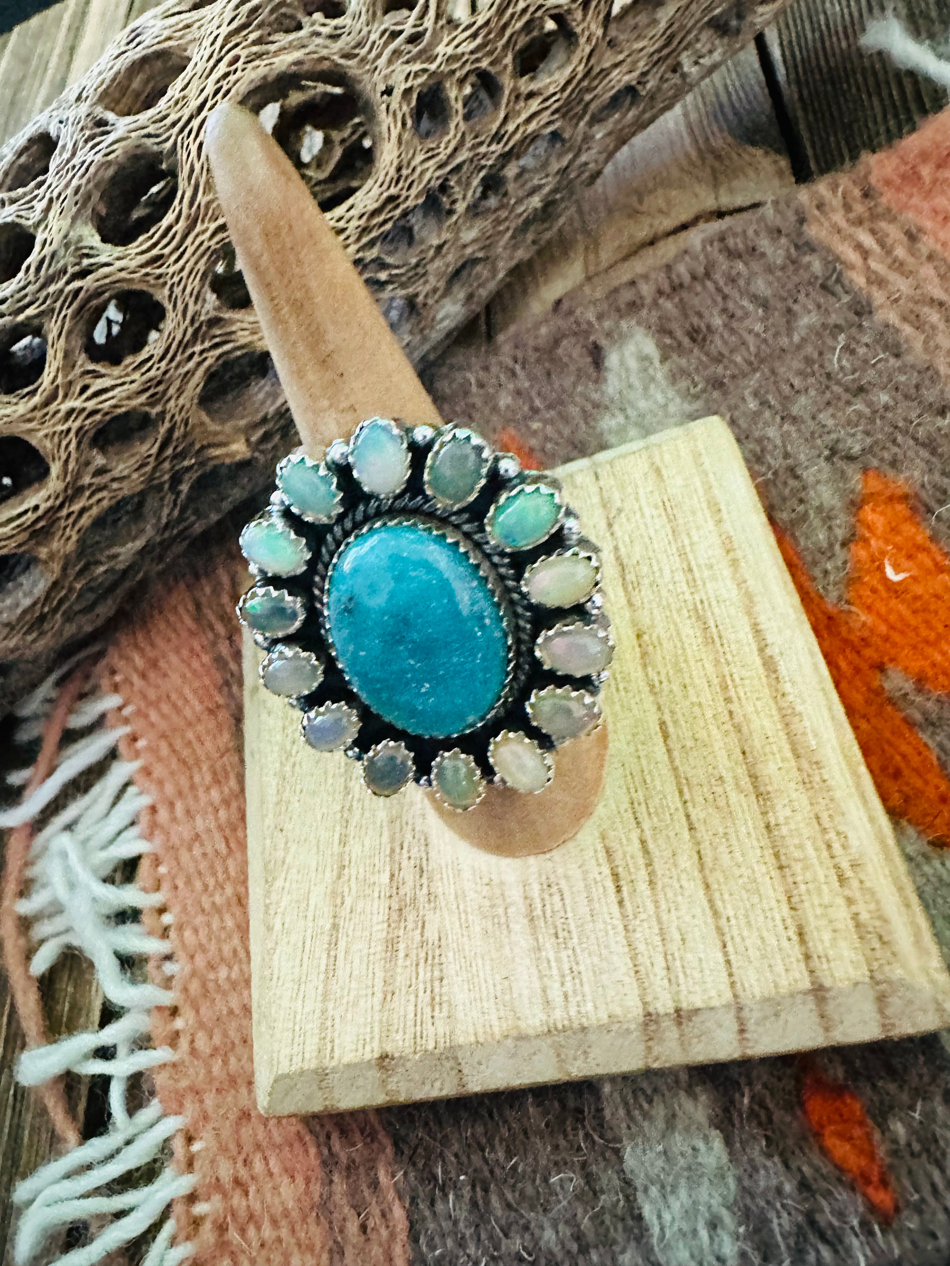 Handmade Sterling Silver Turquoise & Opal Cluster Adjustable Ring