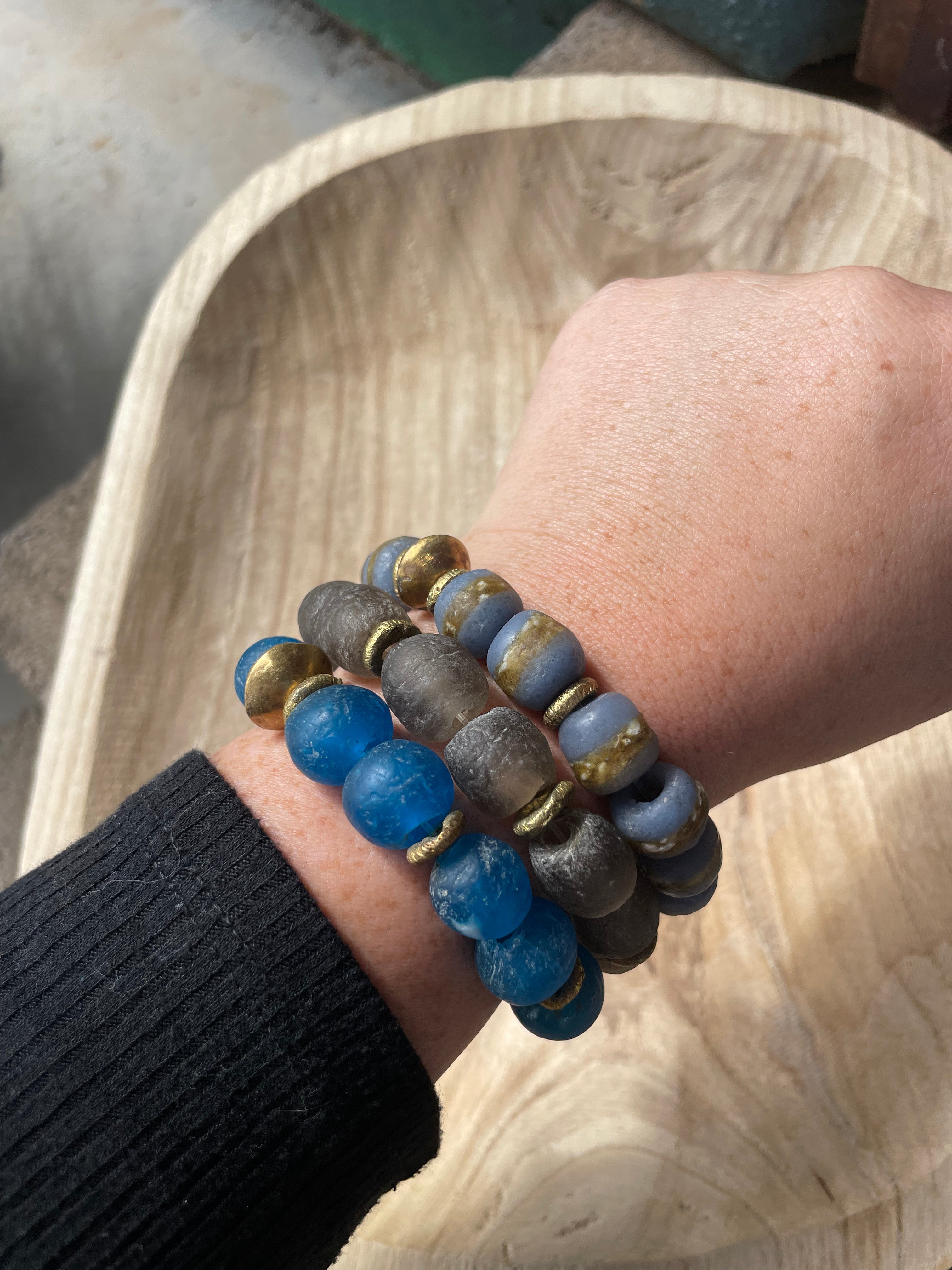 Handmade Recycled Glass Beaded Stretch Bracelet BLUE & GOLD