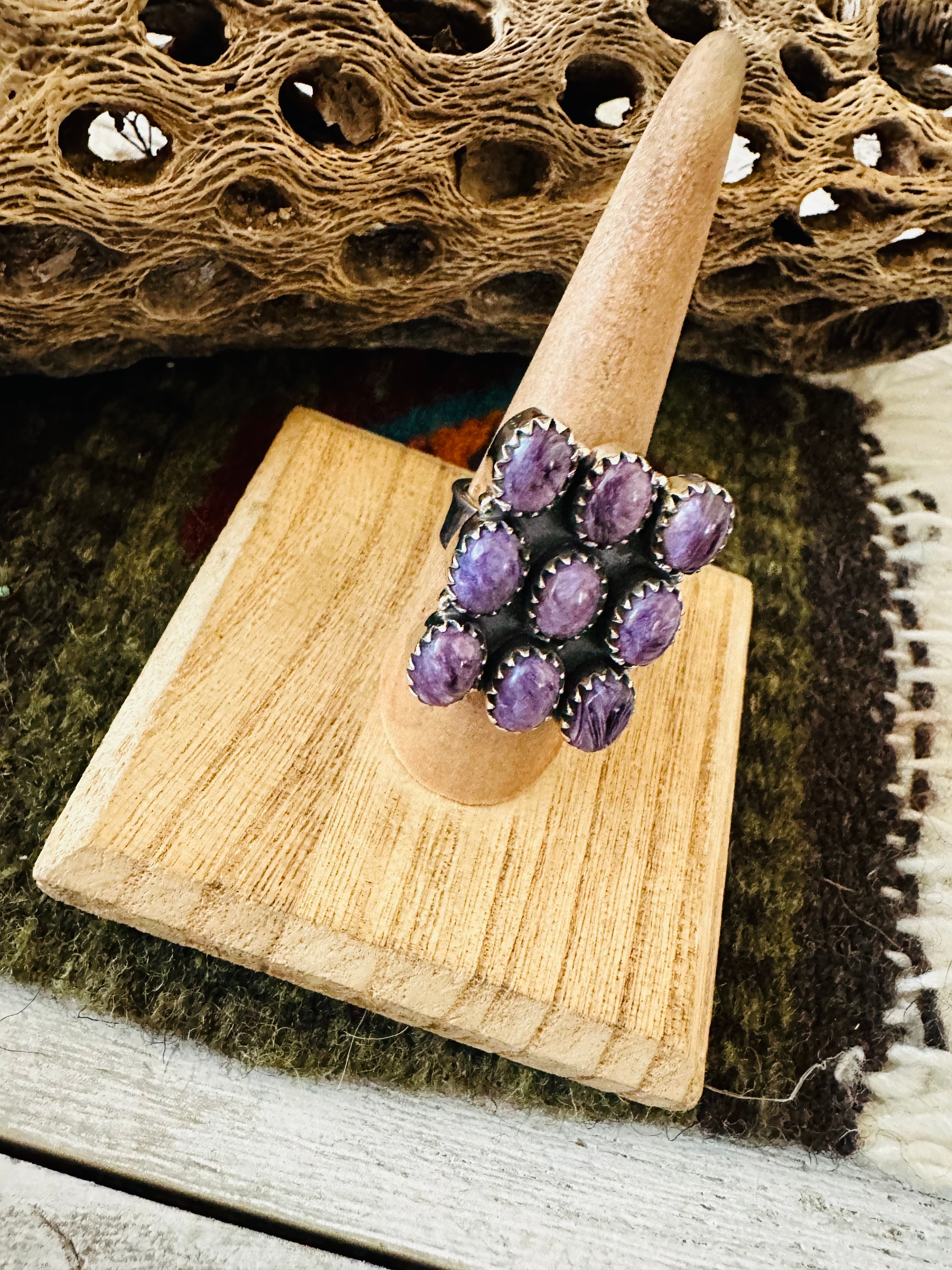 Handmade Sterling Silver & Charoite Cluster Adjustable Ring