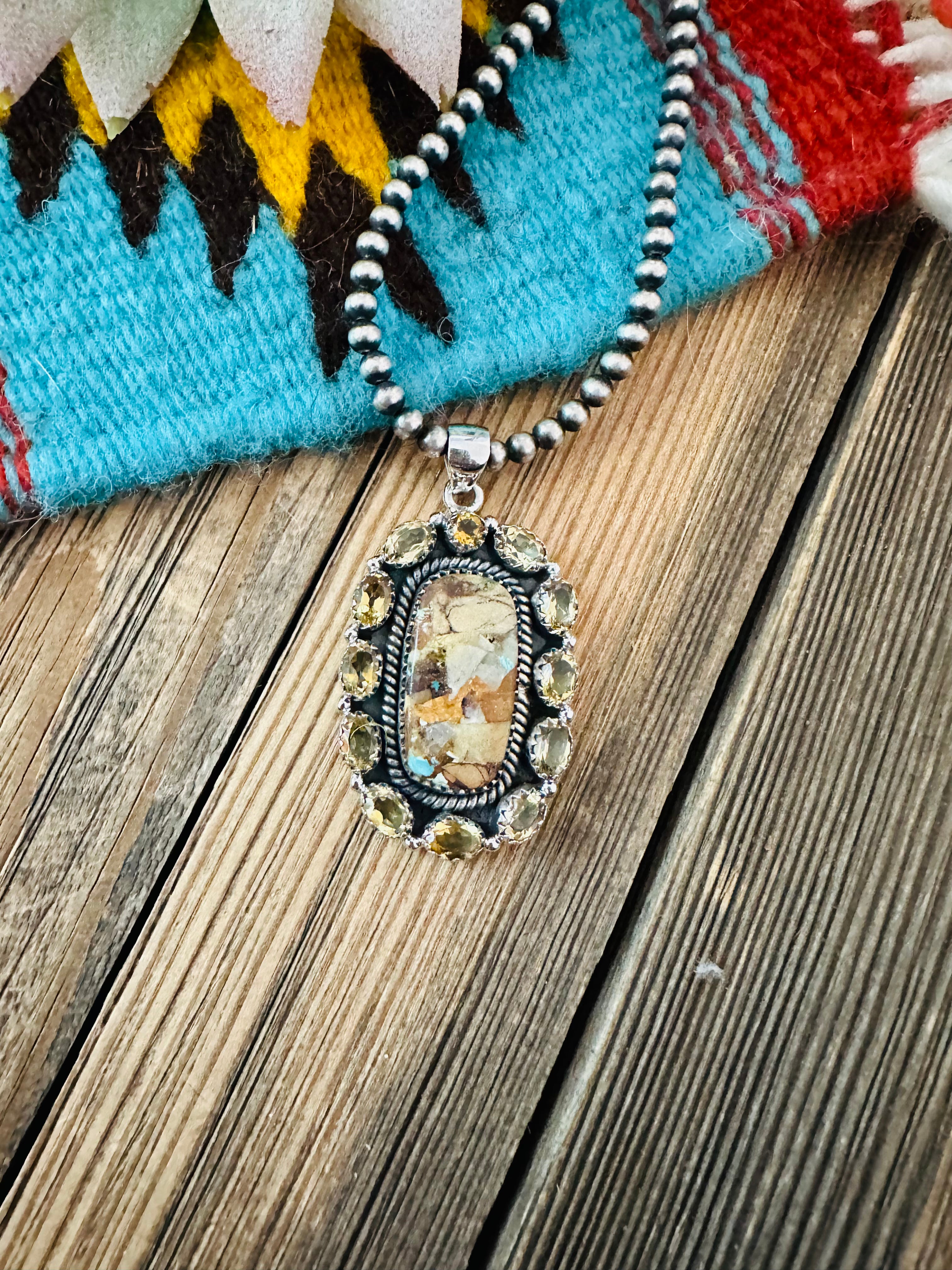 Handmade Sterling Silver, Turquoise & Citrine Cluster Pendant