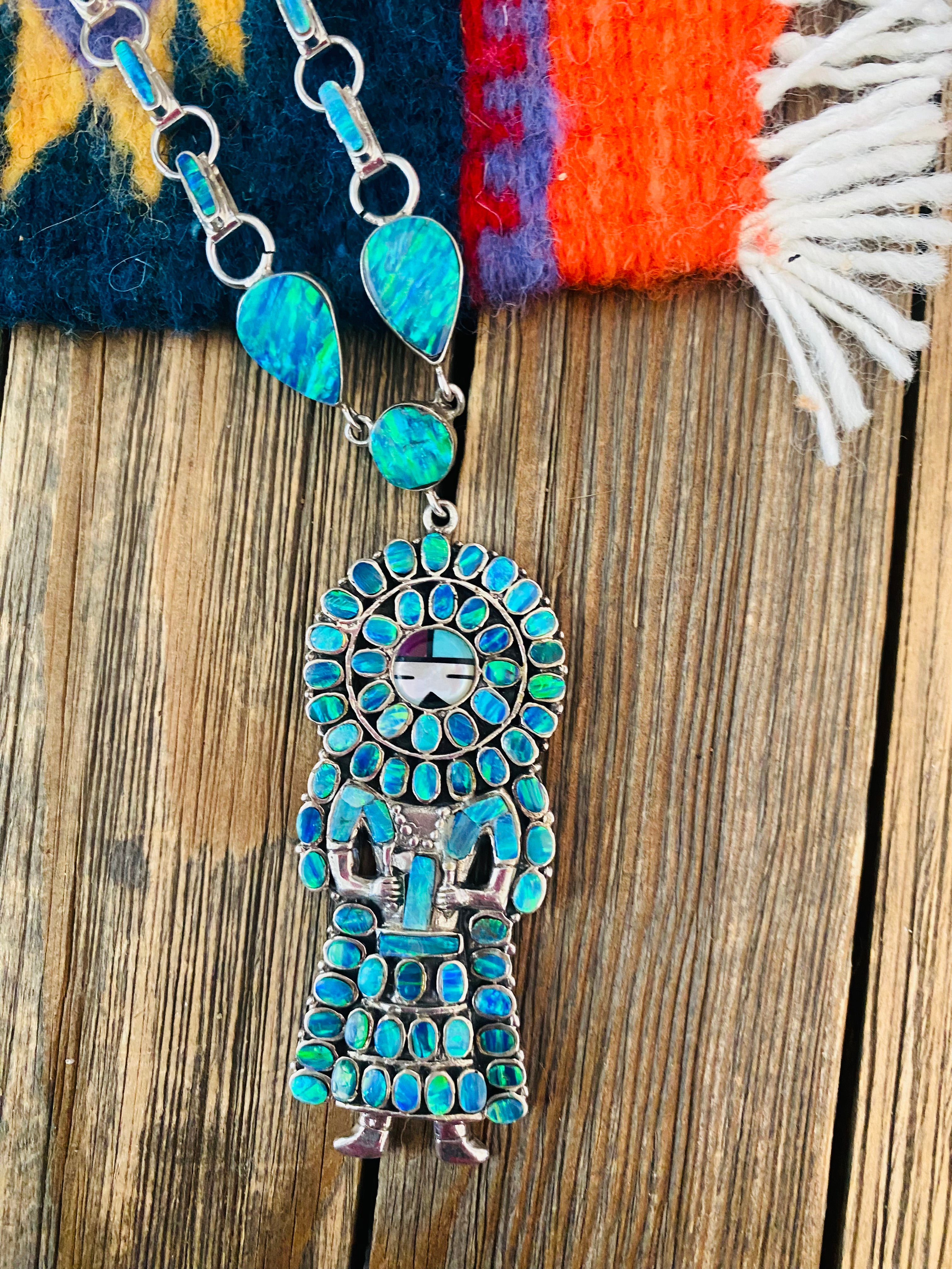 Gorgeous Handmade Sterling Silver & Multi Stone Inlay Kachina Necklace