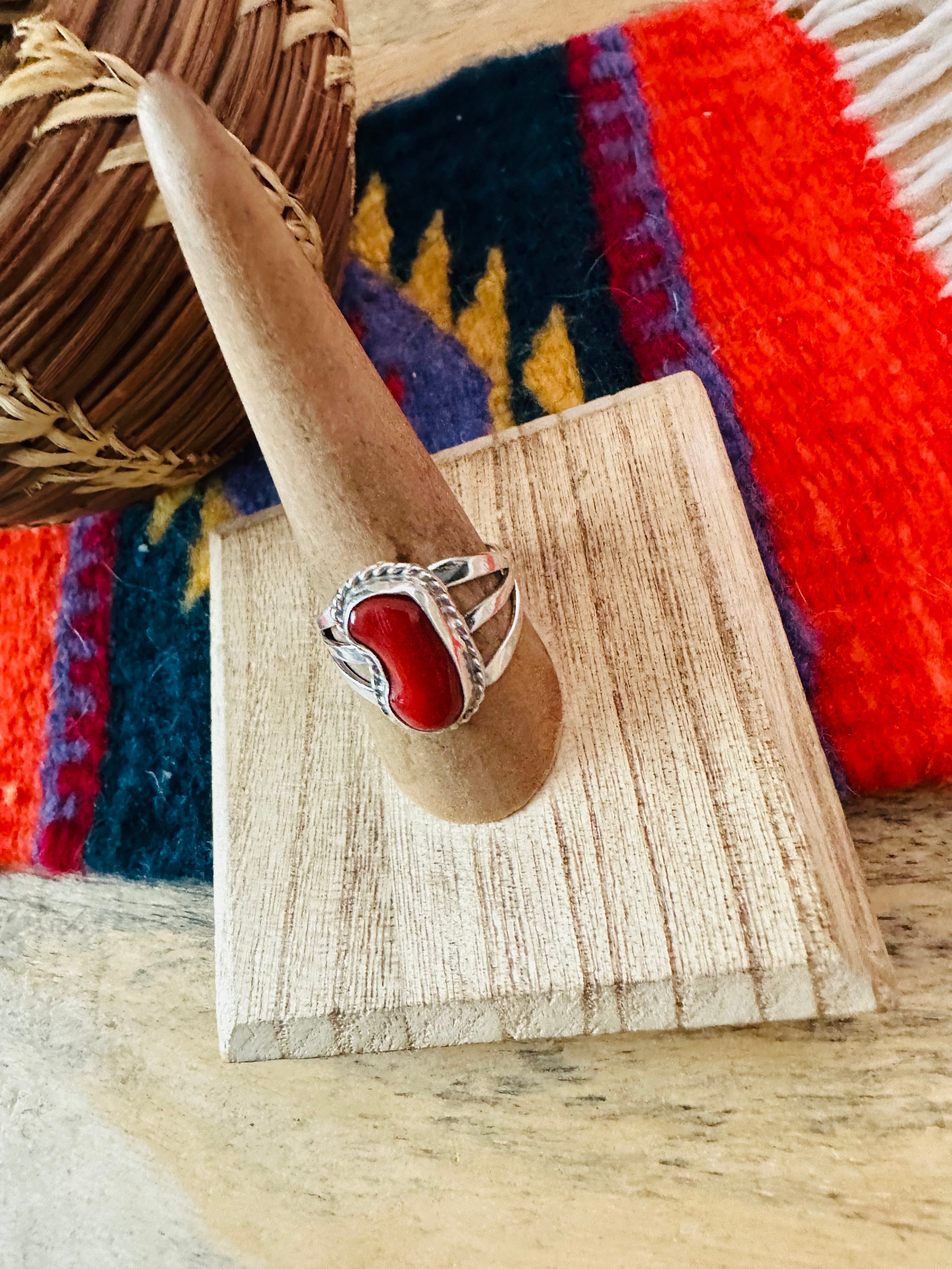 Navajo Red Coral & Sterling Silver Ring