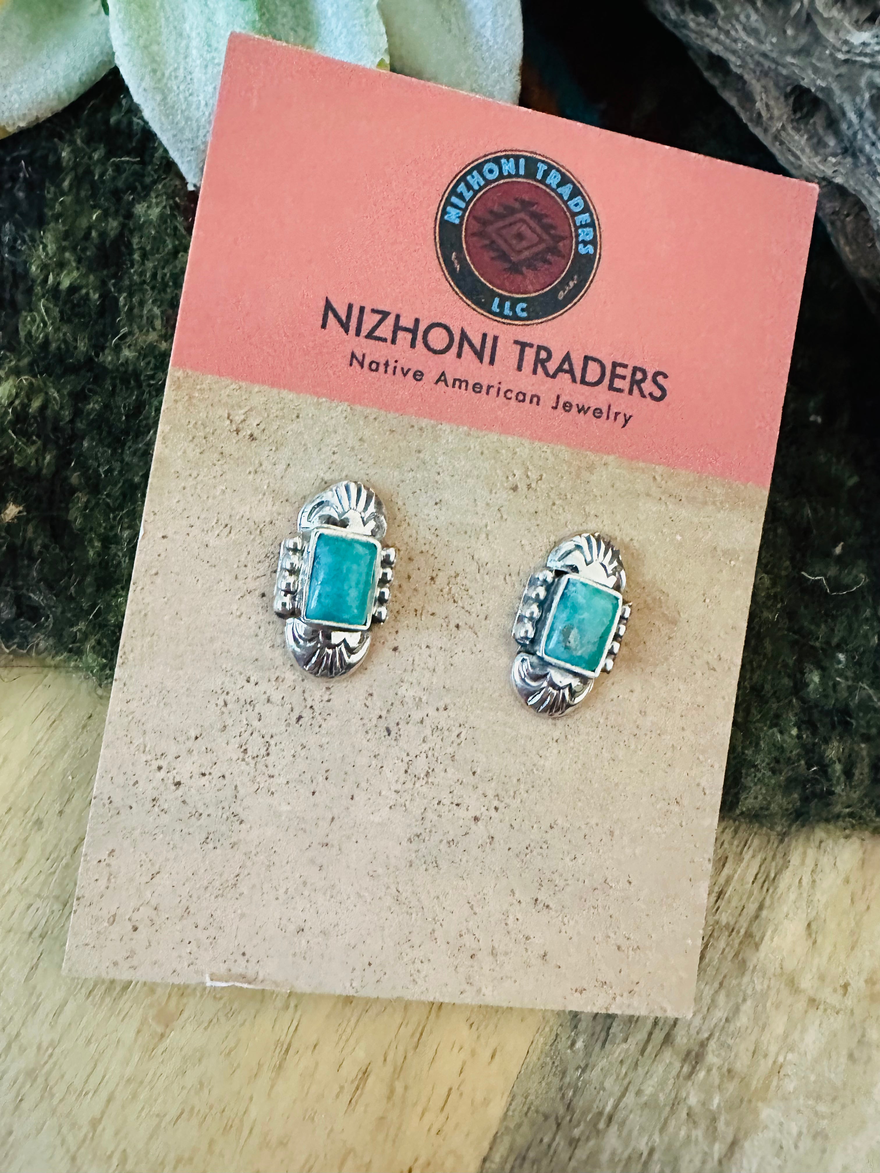 Navajo Turquoise & Sterling Silver Rectangle Stud Earrings