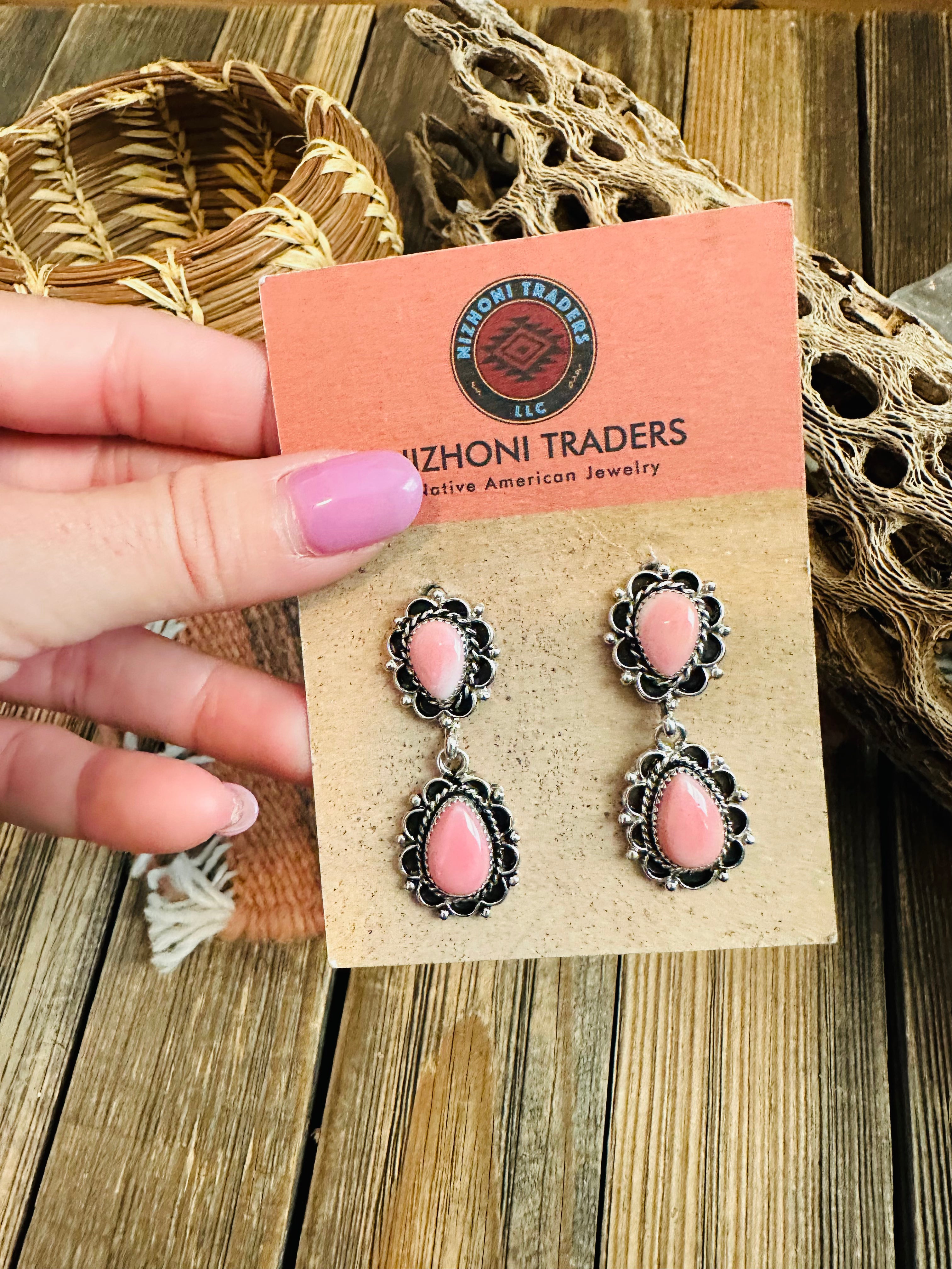 Navajo Queen Pink Conch & Sterling Silver Dangle Earrings