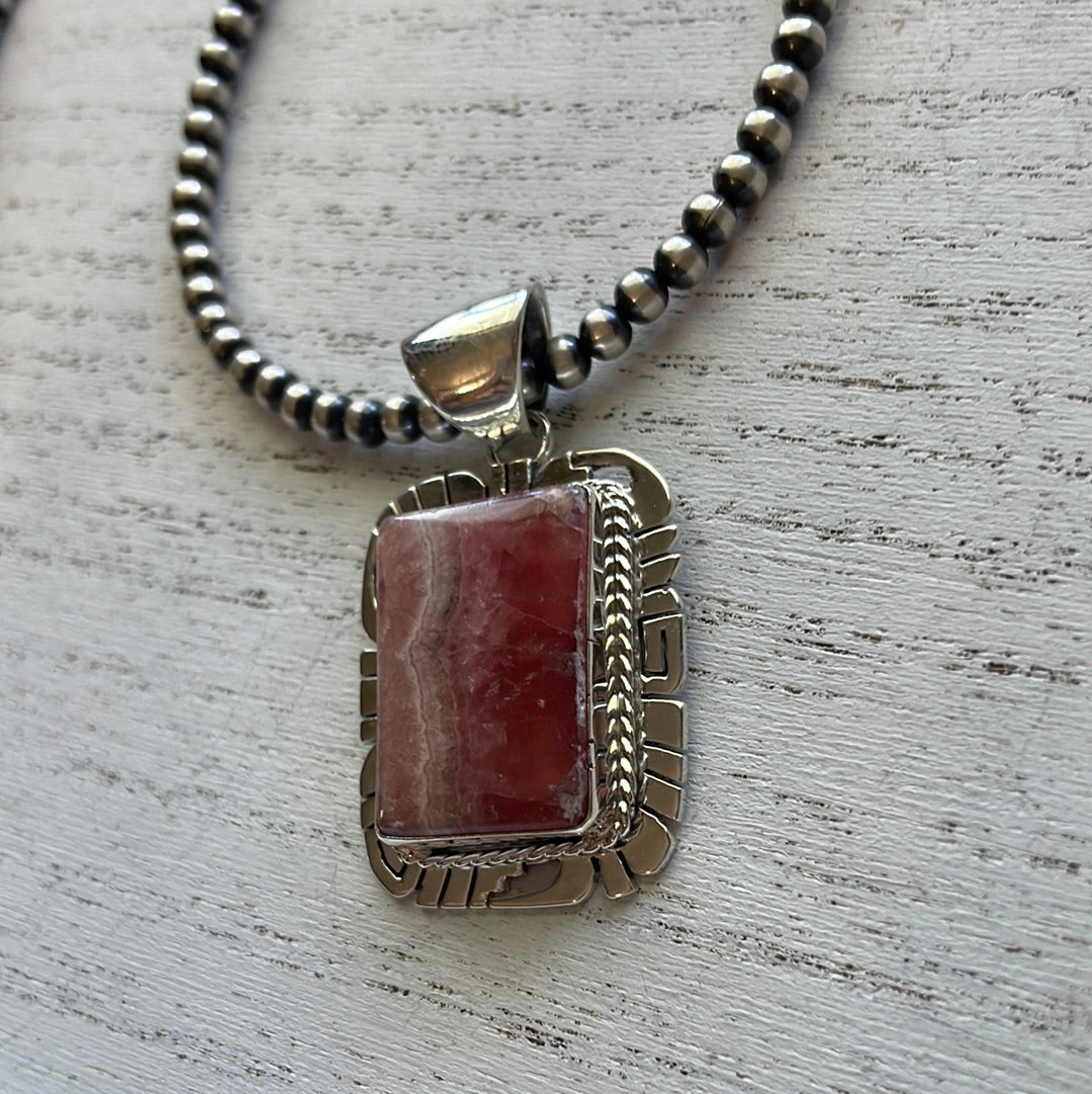 Navajo Sterling Silver & Rhodochrosite Pendant Signed