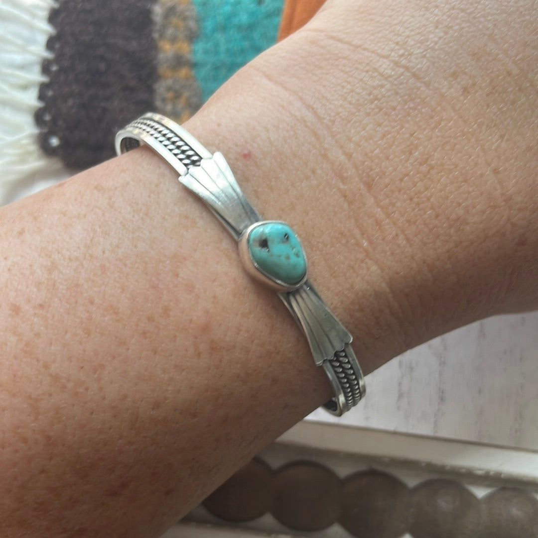 Navajo Turquoise And Sterling Silver Single Stone Adjustable Cuff Bracelet