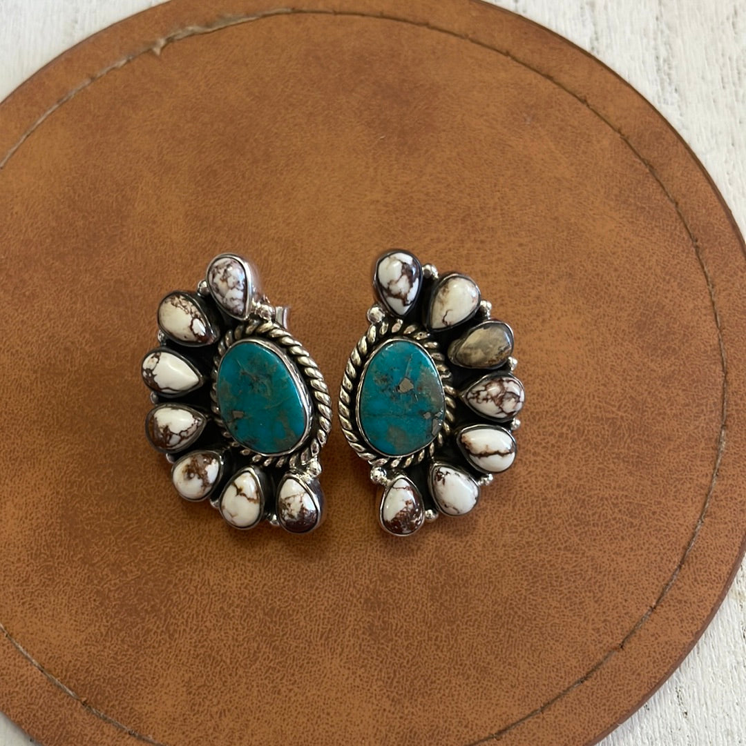 Nizhoni Wild Horse & Turquoise Sterling Silver Cluster Earrings