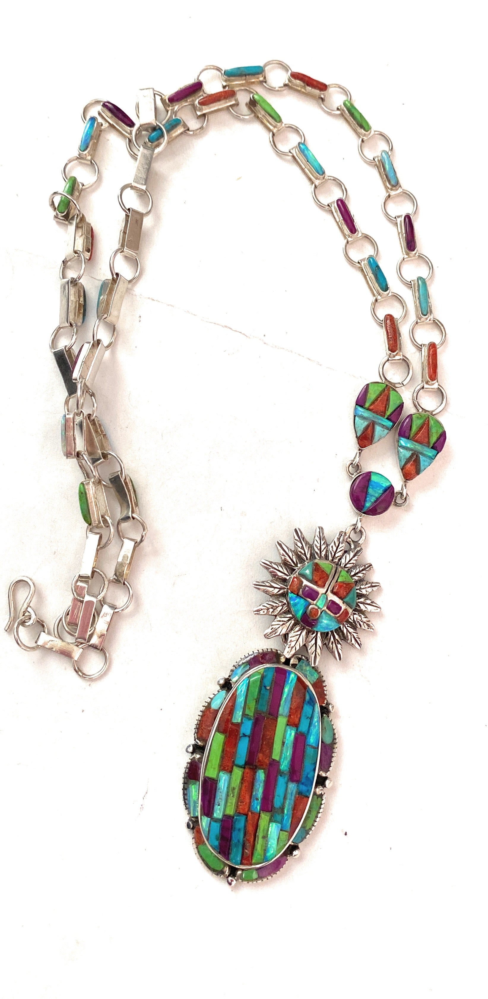 Gorgeous Handmade Sterling Silver & Multi Stone Inlay Kachina Necklace