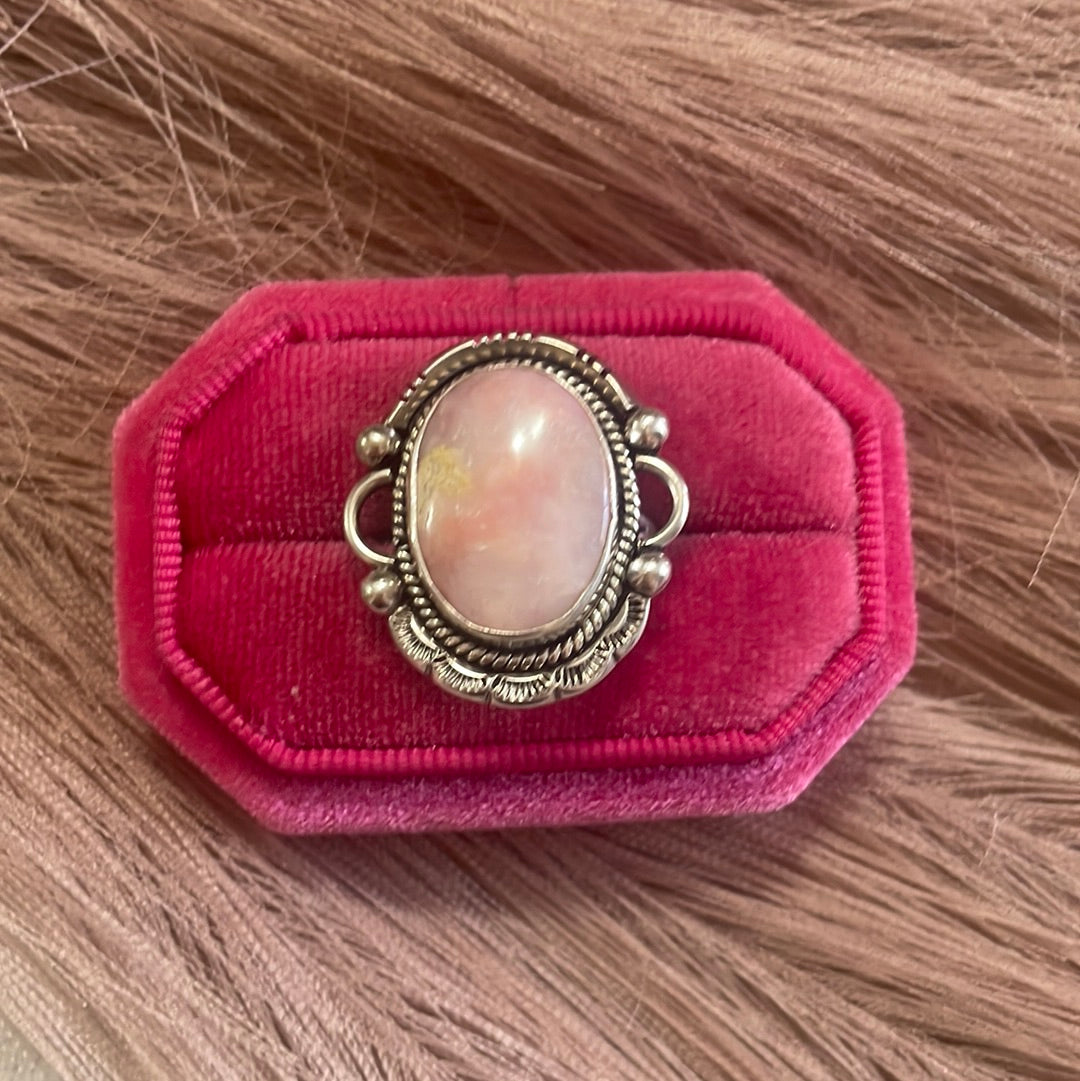 Gorgeous Navajo Pink Peruvian Opal And Sterling Silver Adjustable Ring