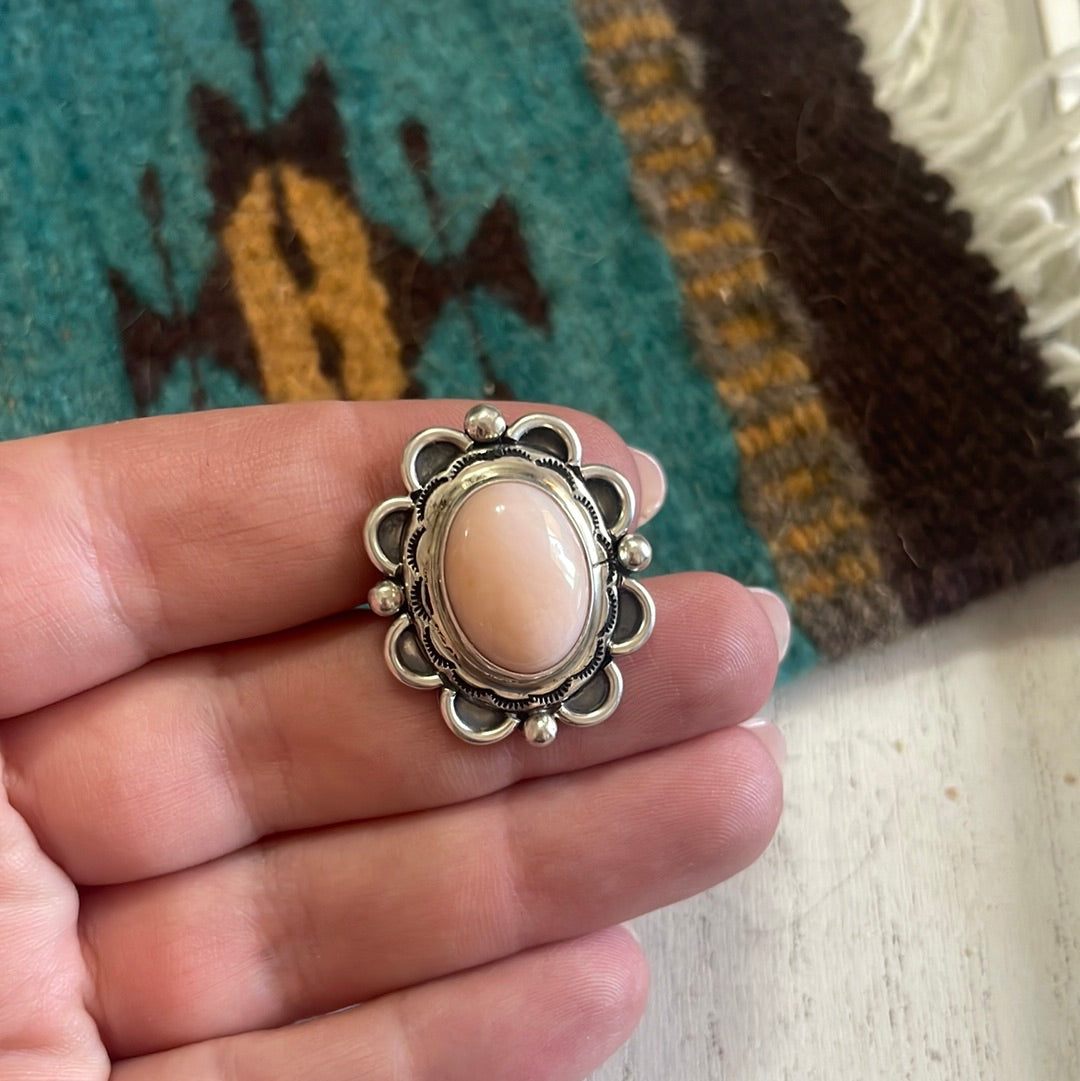 Gorgeous Navajo Pink Peruvian Opal And Sterling Silver Adjustable Ring Signed