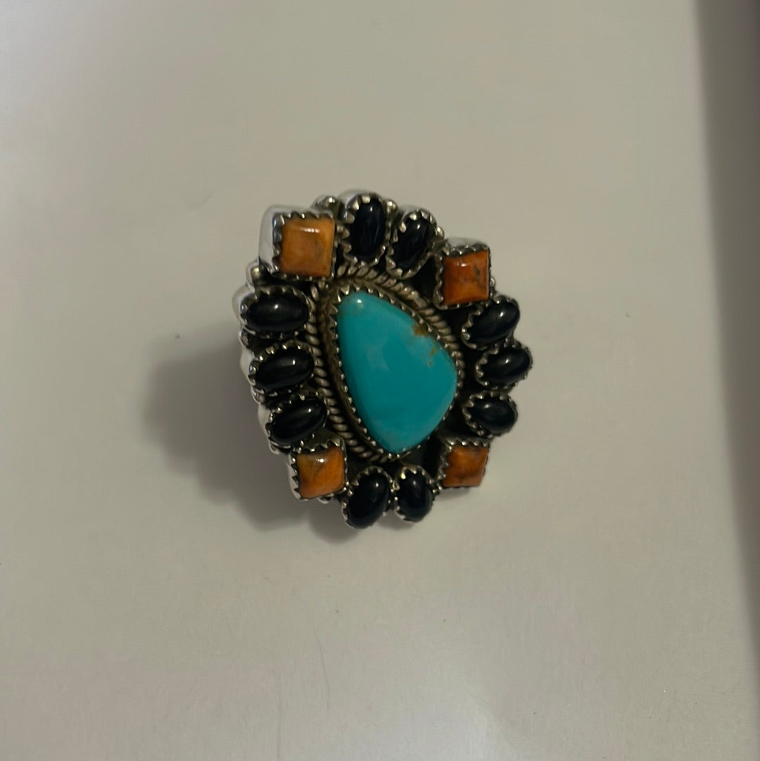 Nizhoni Handmade Turquoise, Black Onyx, Orange Mojave  And Sterling Silver Adjustable Ring