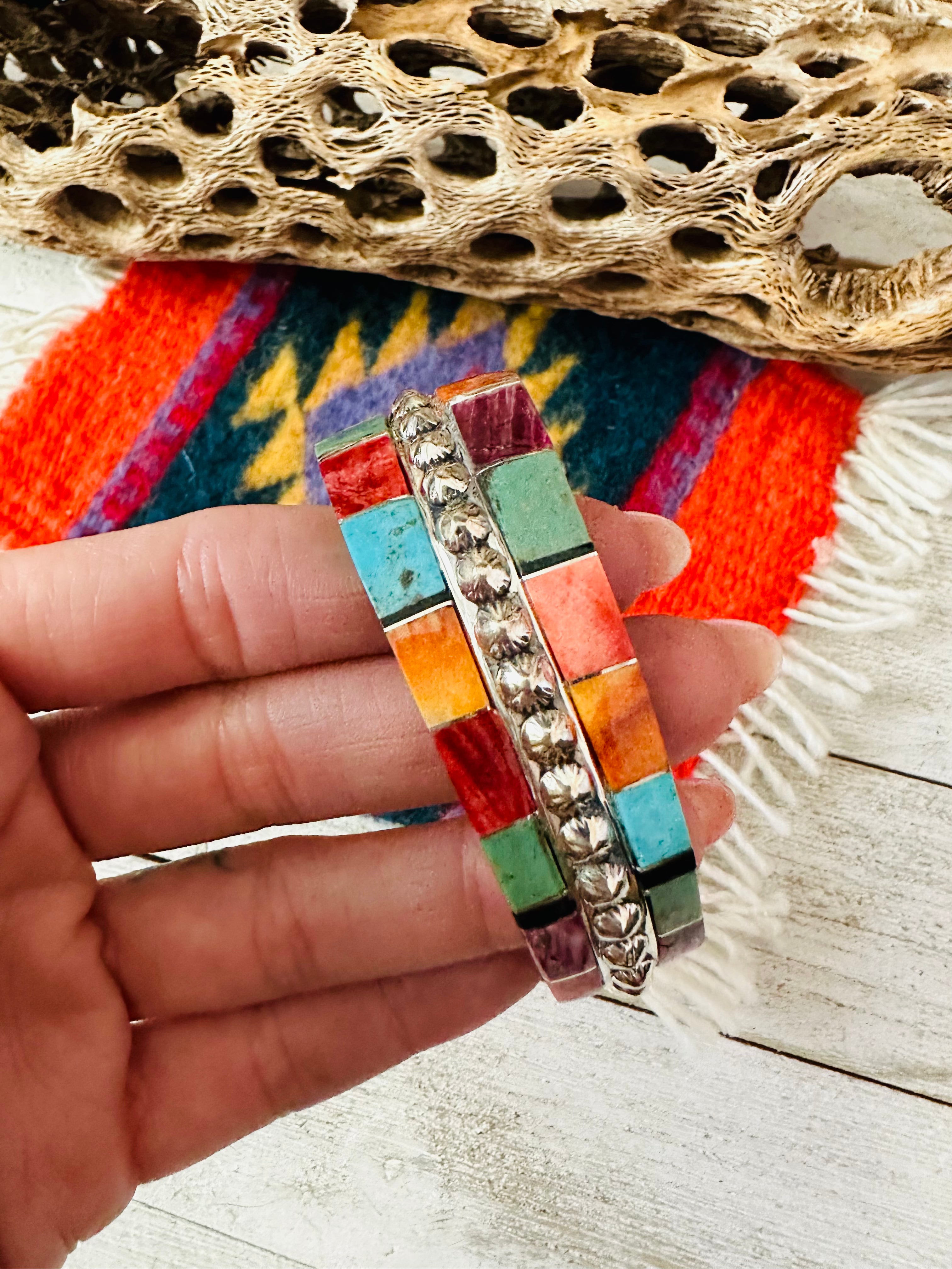 Navajo Multi Stone & Sterling Silver Inlay Cuff Bracelet