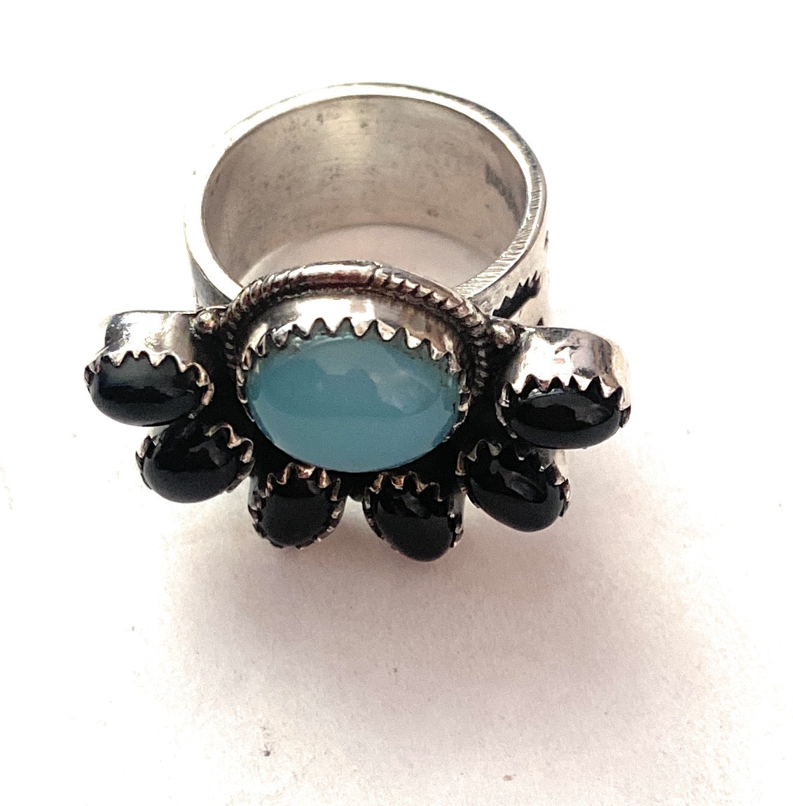 Handmade Sterling Silver, Opalite & Onyx Cluster Adjustable Ring