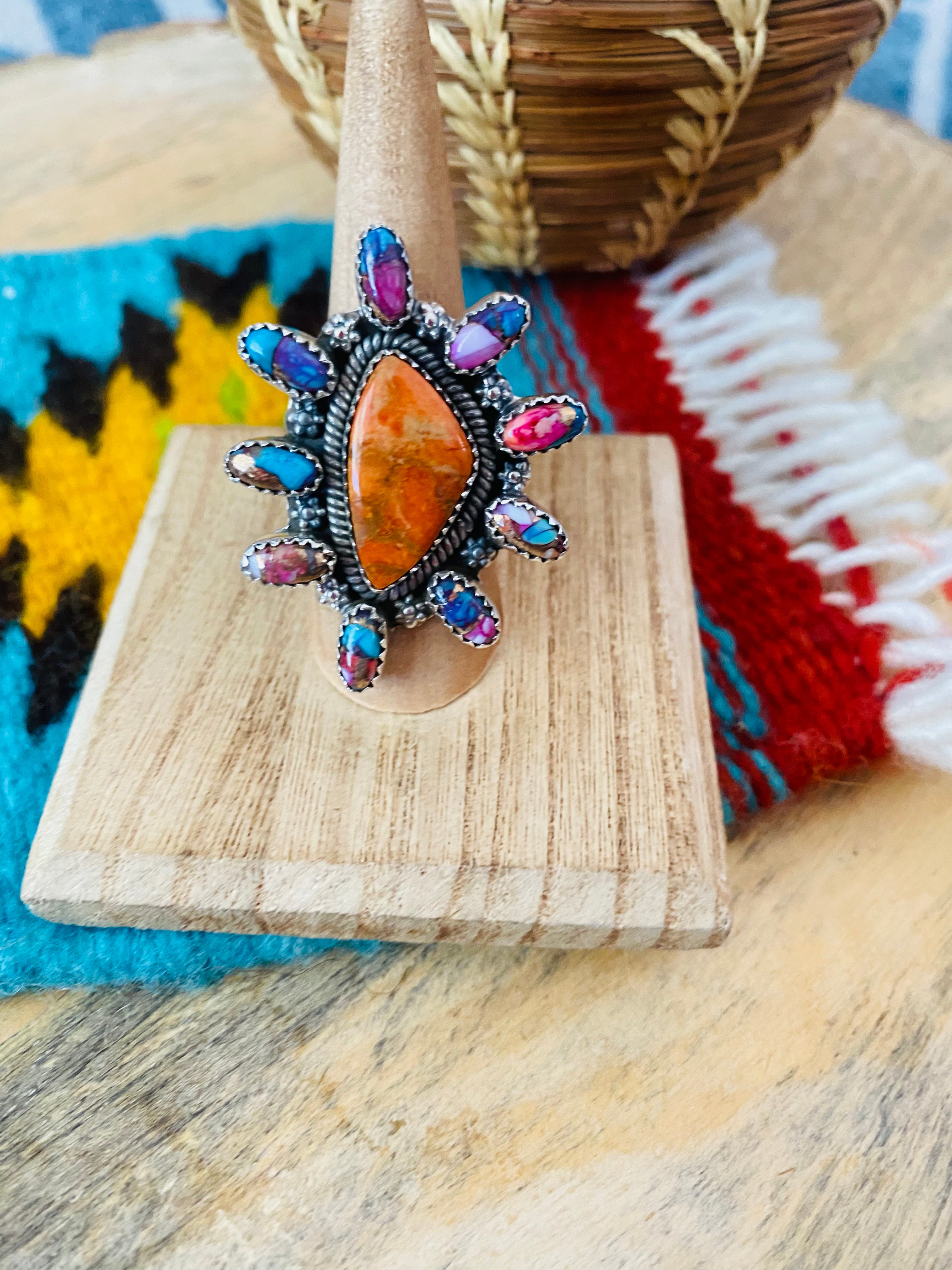 Handmade Sterling Silver, Pink Dream & Orange Mojave Cluster Adjustable Ring