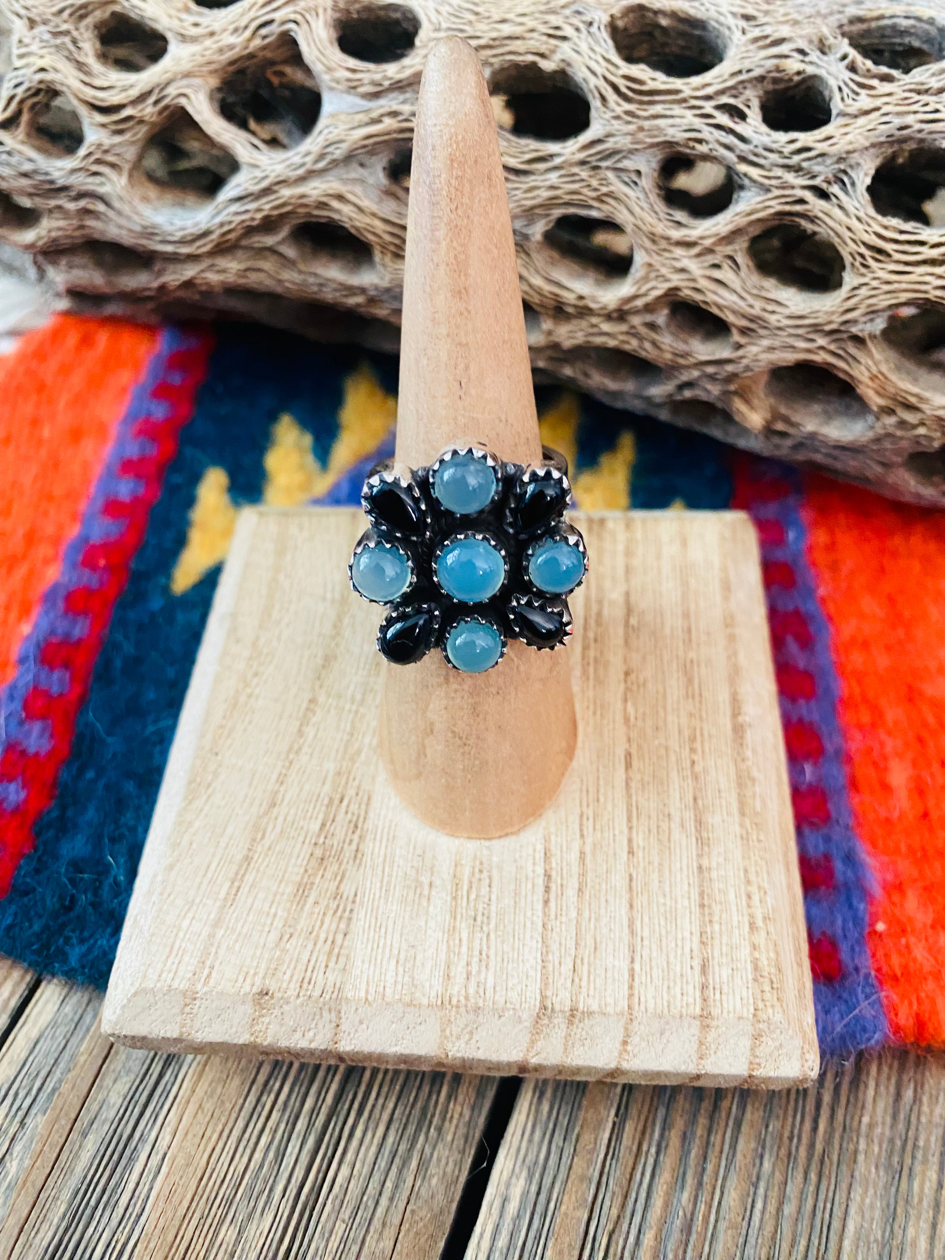 Handmade Sterling Silver, Opalite & Onyx Cluster Adjustable Ring