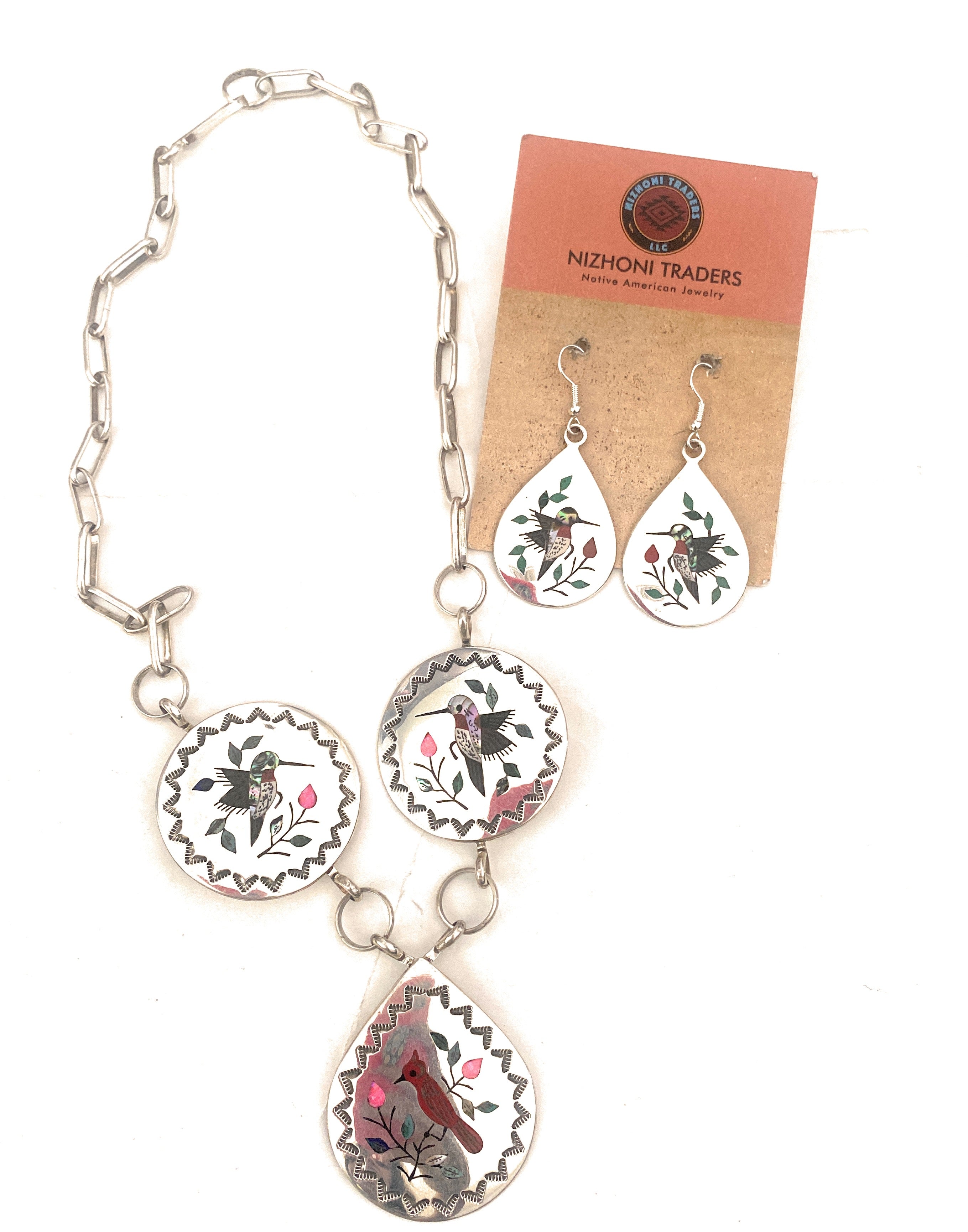 Zuni Sterling Silver & Multi Stone Hummingbird Necklace Set