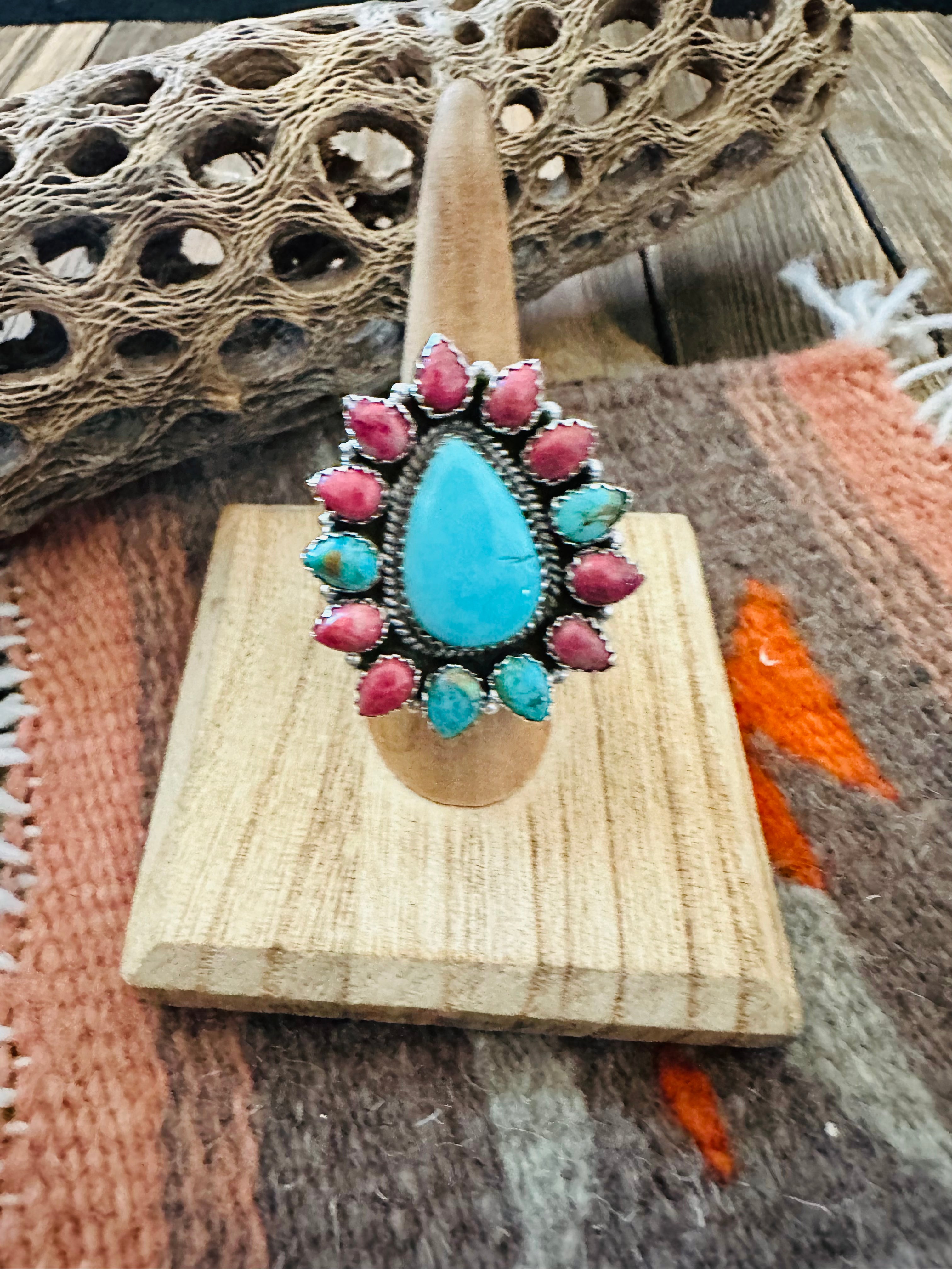 Handmade Sterling Silver, Turquoise & Rhodonite Cluster Adjustable Ring