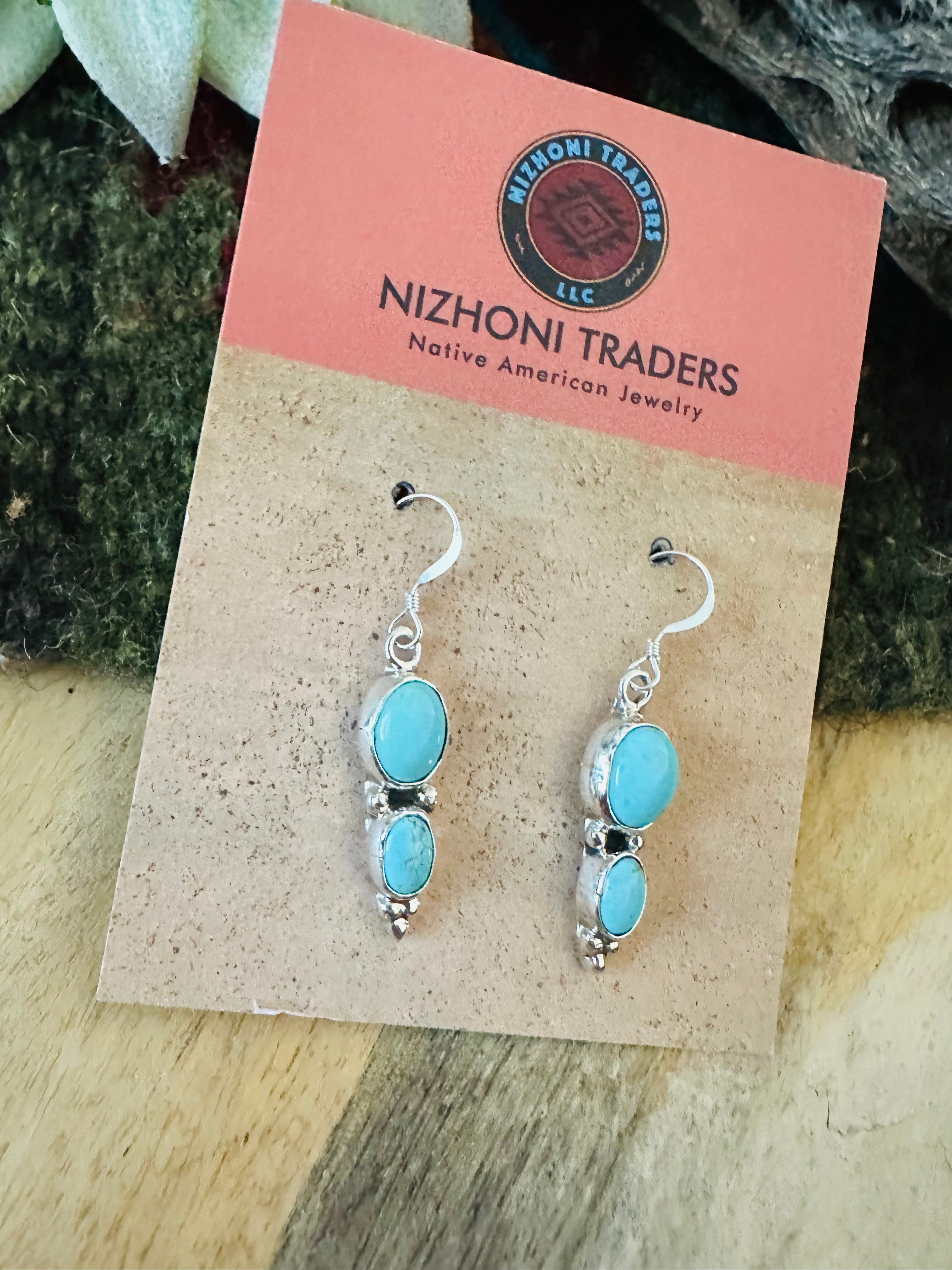 Navajo Turquoise & Sterling Silver Two Stone Dangle Earrings