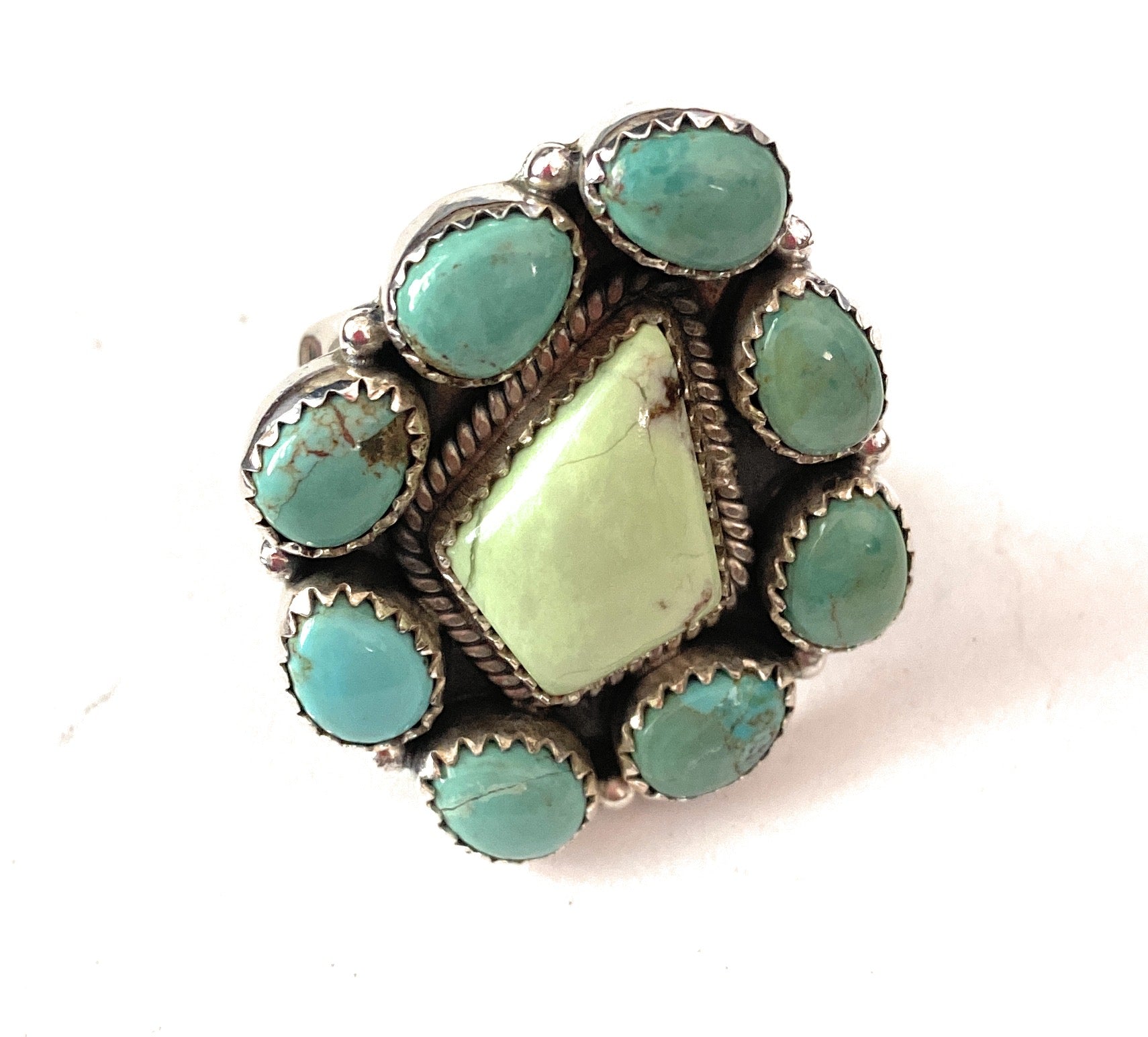 Handmade Sterling Silver, Variscite & Turquoise Cluster Adjustable Ring