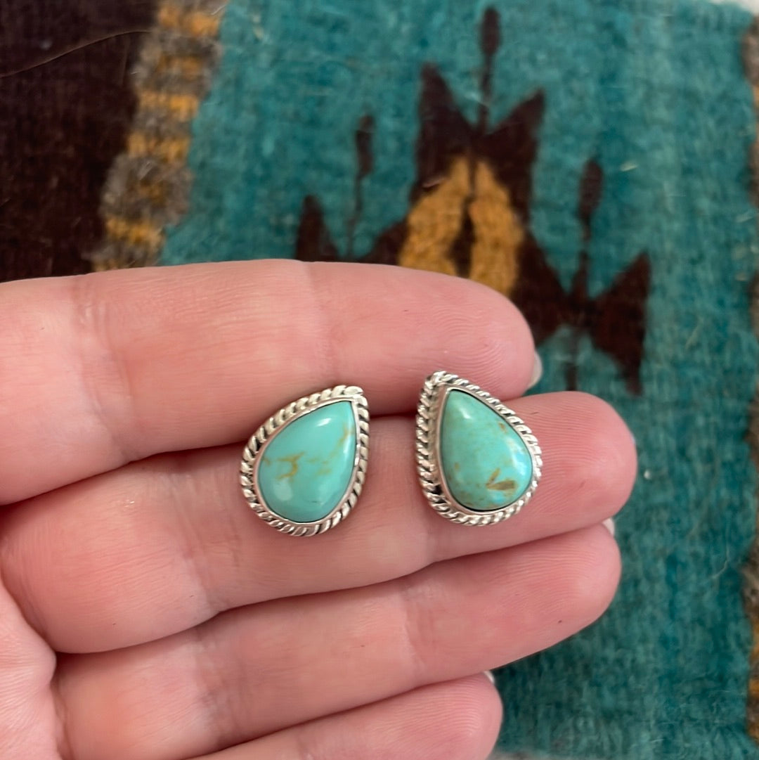 Navajo Sterling Silver &  Turquoise Tear Drop Stud Earrings Signed