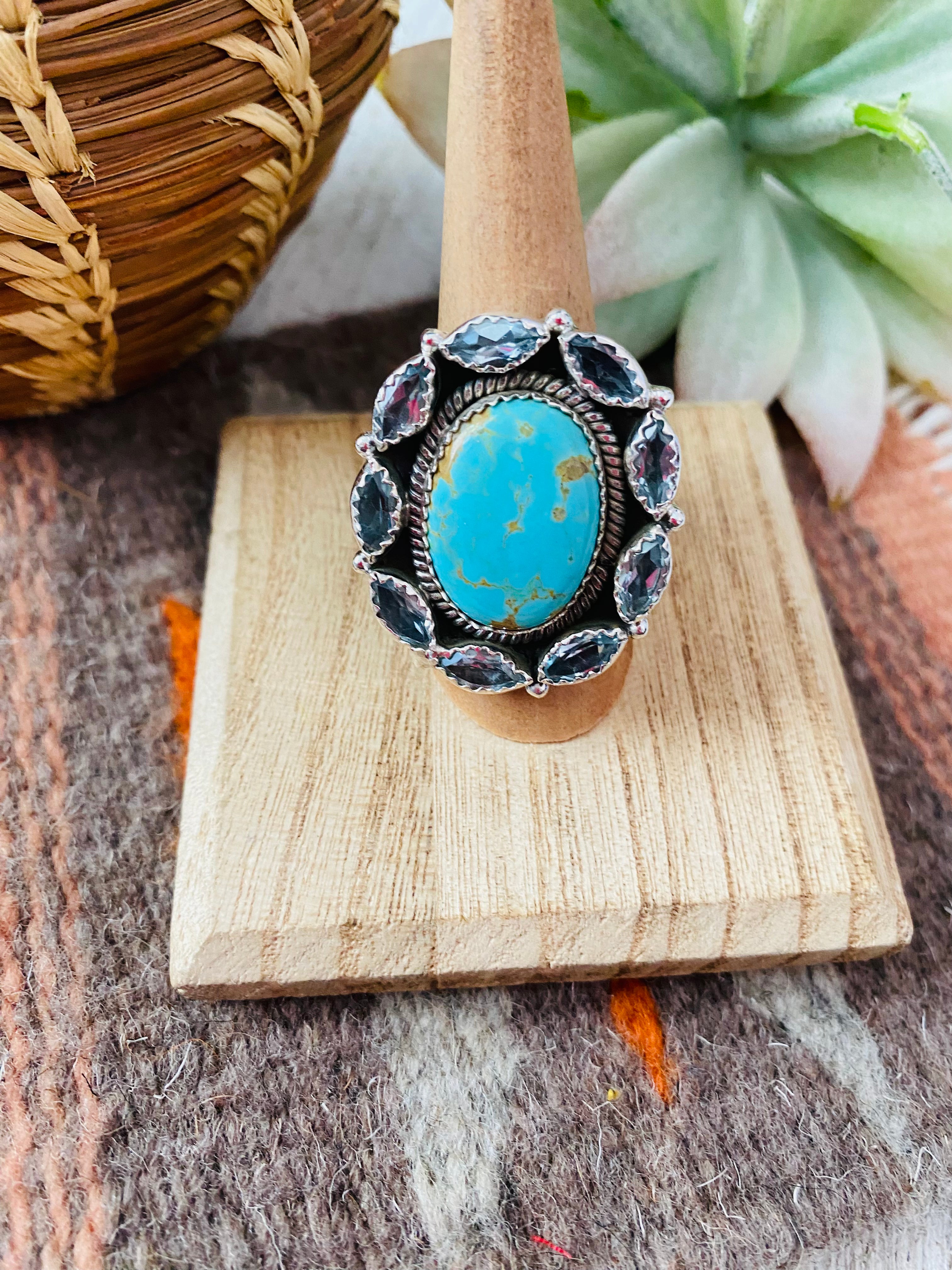 Handmade Sterling Silver, Turquoise & Topaz Cluster Adjustable Ring