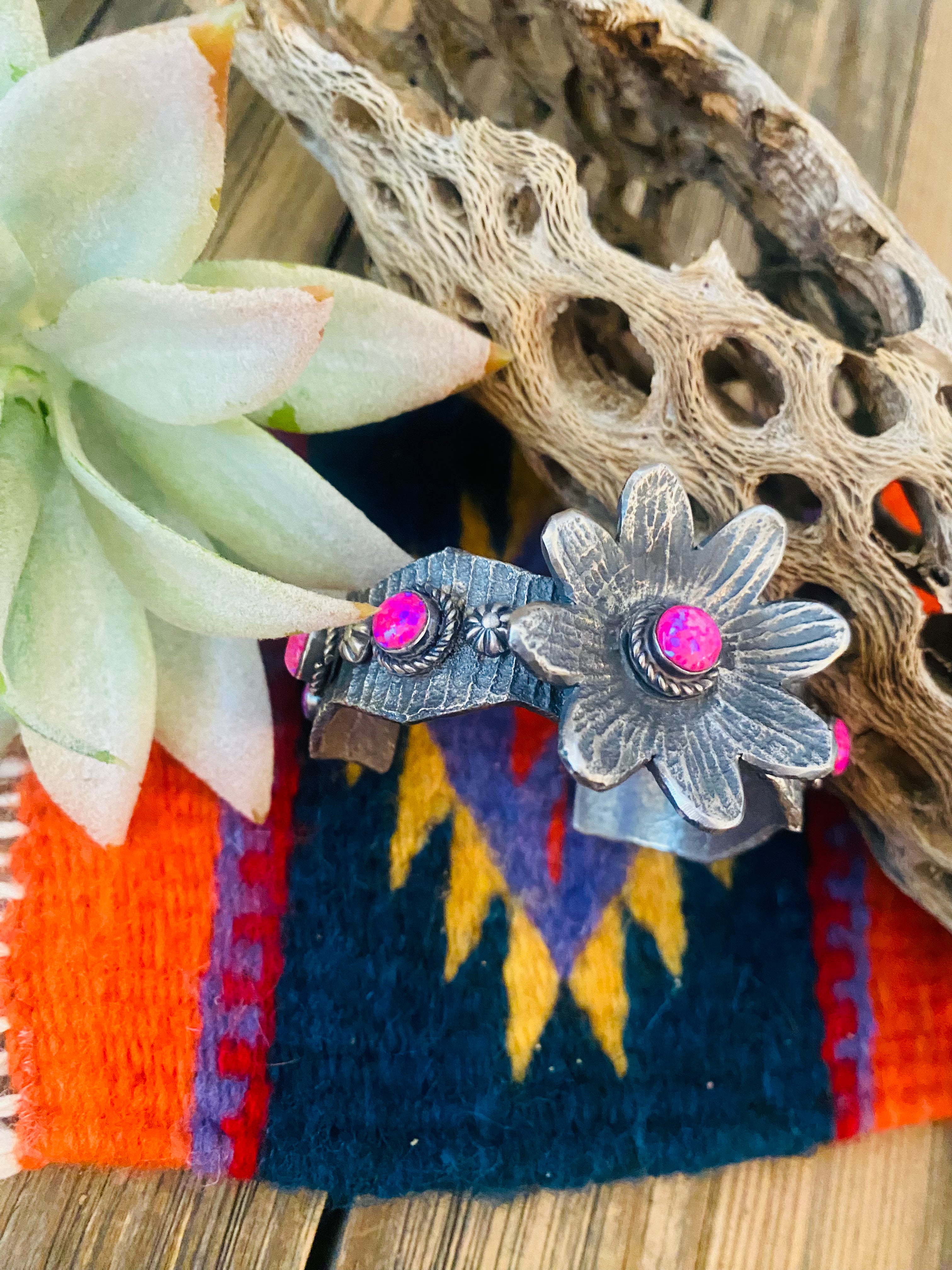 Navajo Pink Opal & Sterling Silver Flower Cuff Bracelet