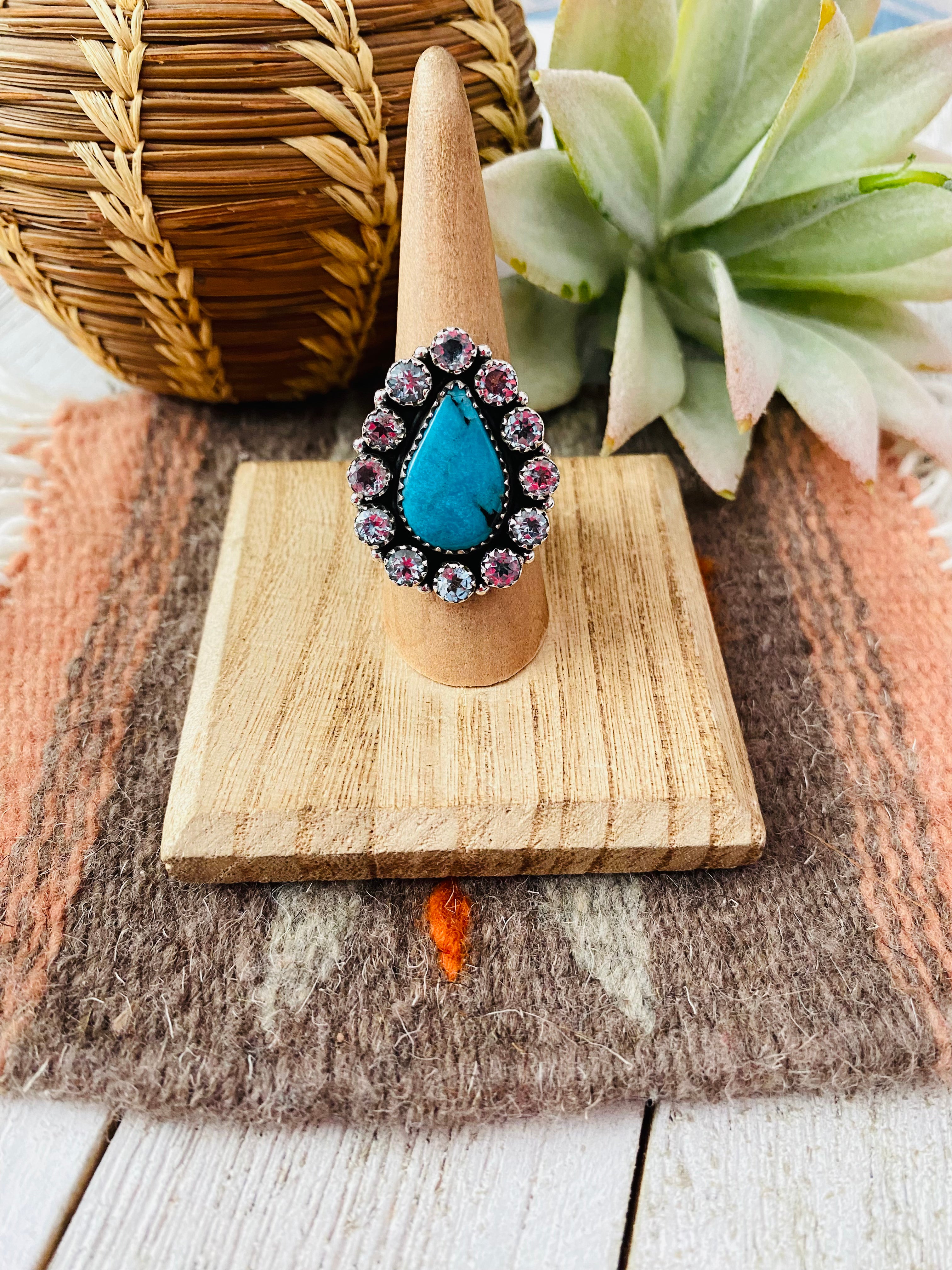 Handmade Sterling Silver, Turquoise & Topaz Cluster Adjustable Ring