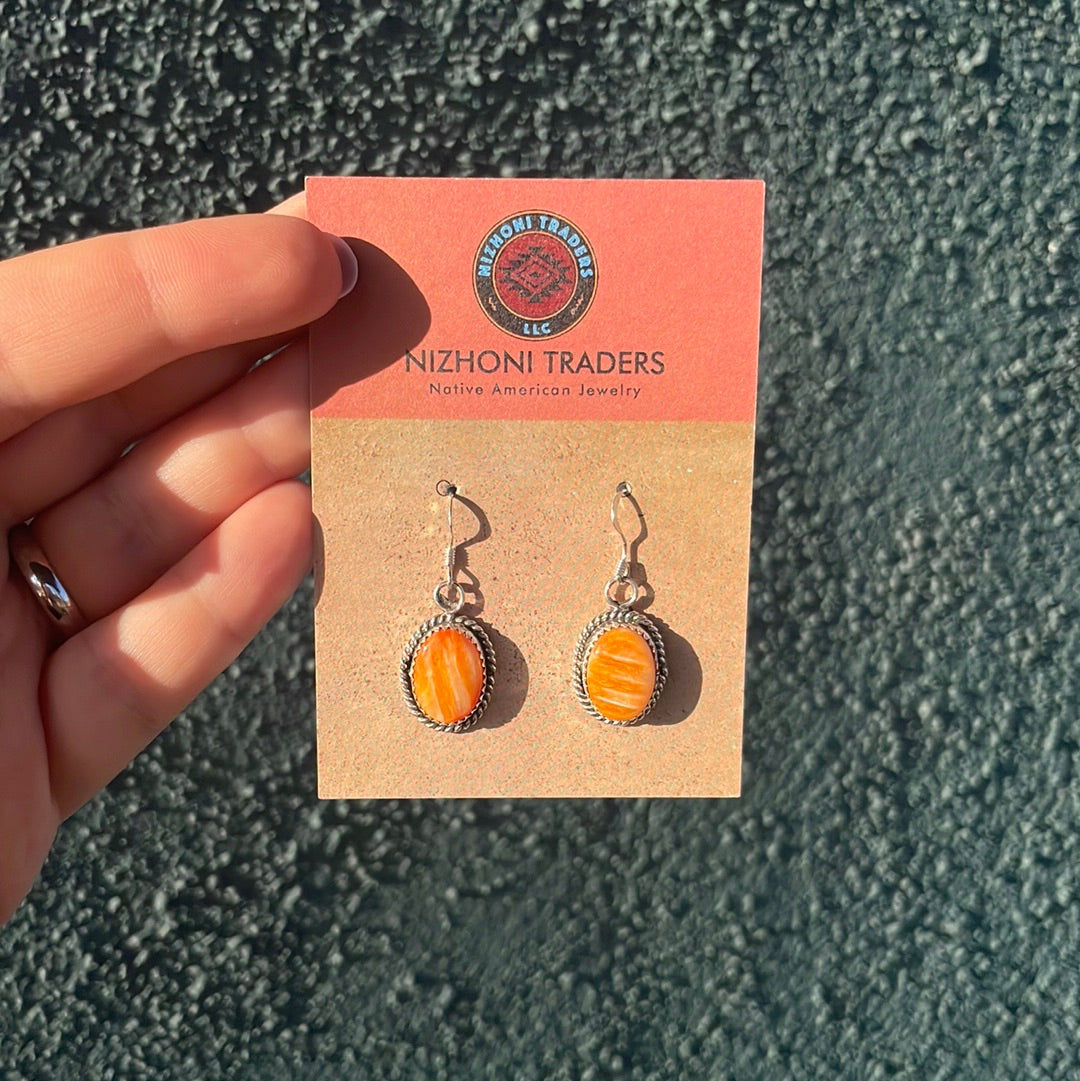 Navajo Orange Spiny & Sterling Silver Dangle Earrings