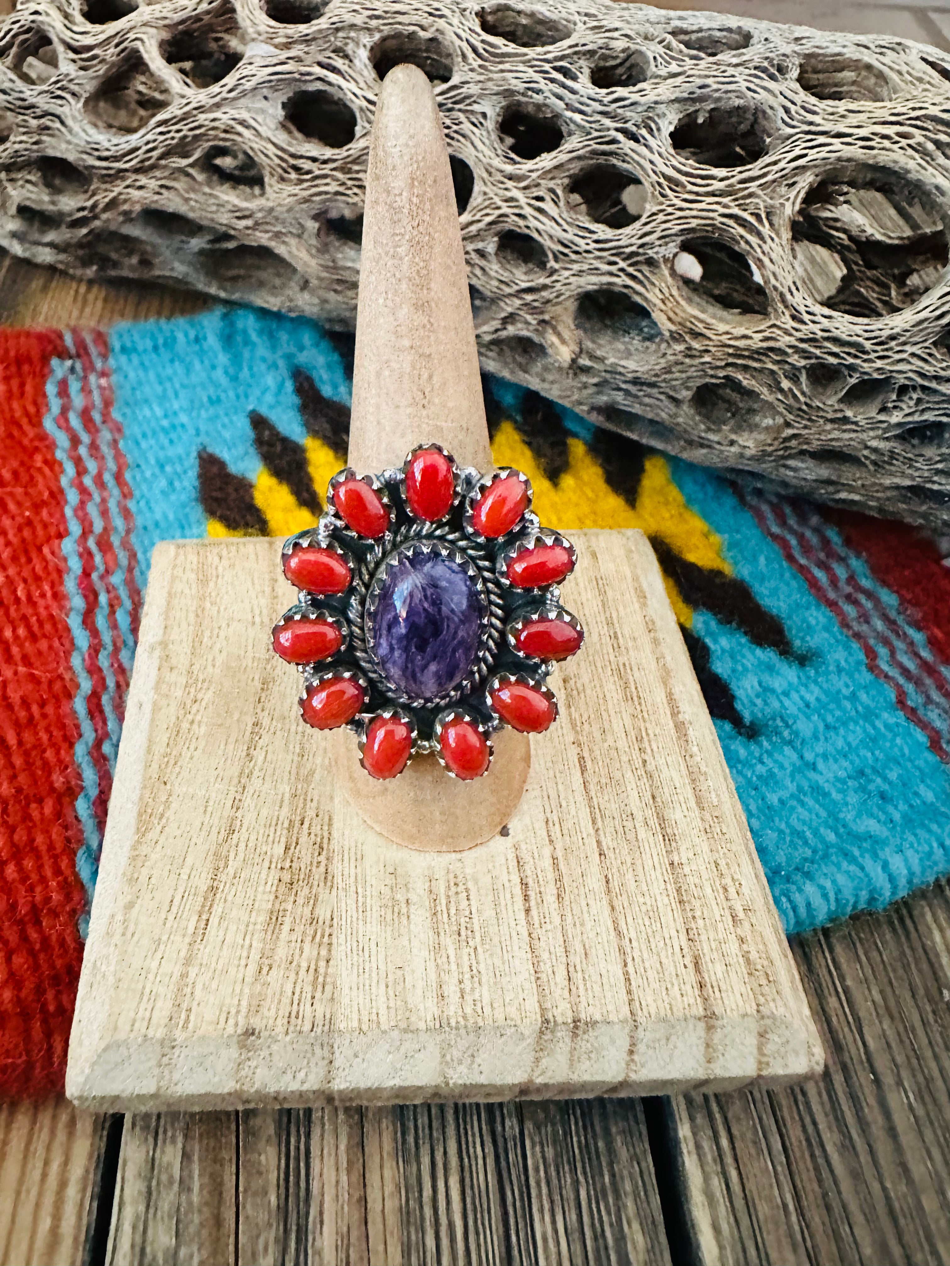 Handmade Sterling Silver, Charoite & Coral Cluster Adjustable Ring