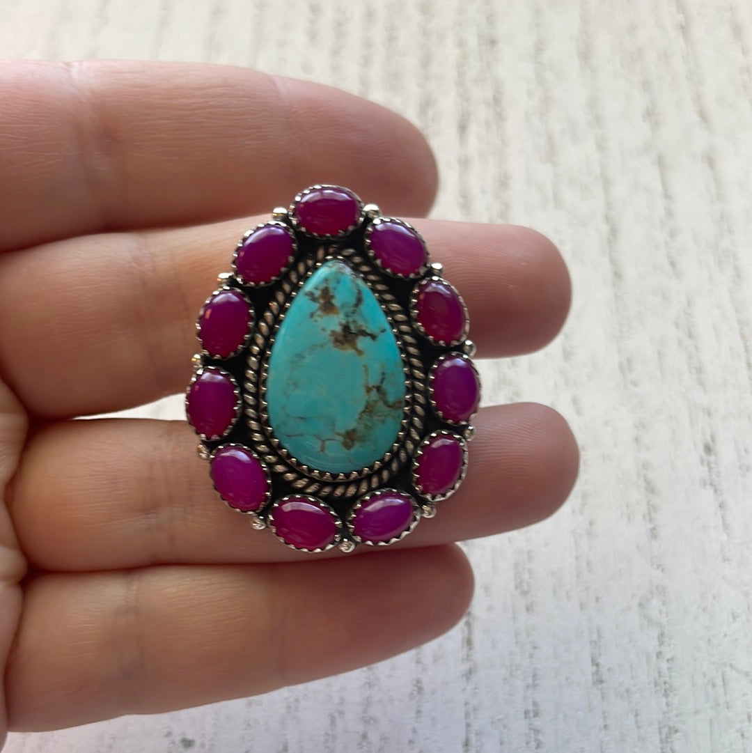 Handmade Pink Onyx & Turquoise Sterling Silver Adjustable Ring Signed Nizhoni