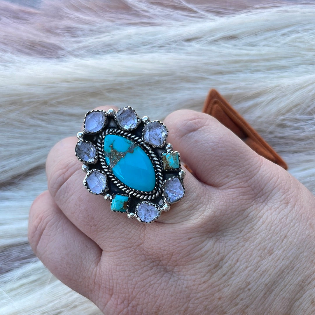 Handmade Sterling Silver, Turquoise & Herkimer Diamond Adjustable Ring