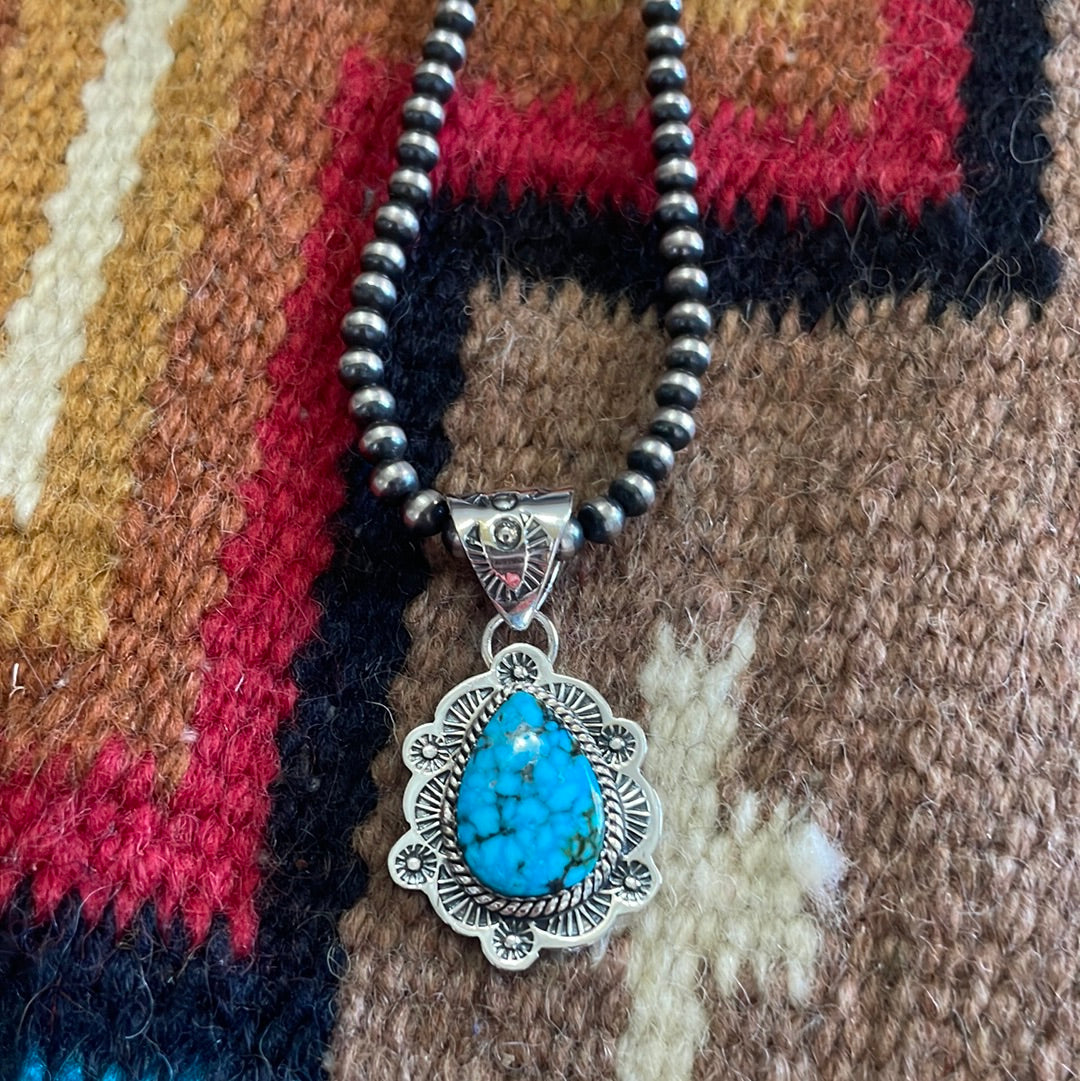 Handmade Sterling Silver & Kingman Web Turquoise Pendant Signed Nizhoni