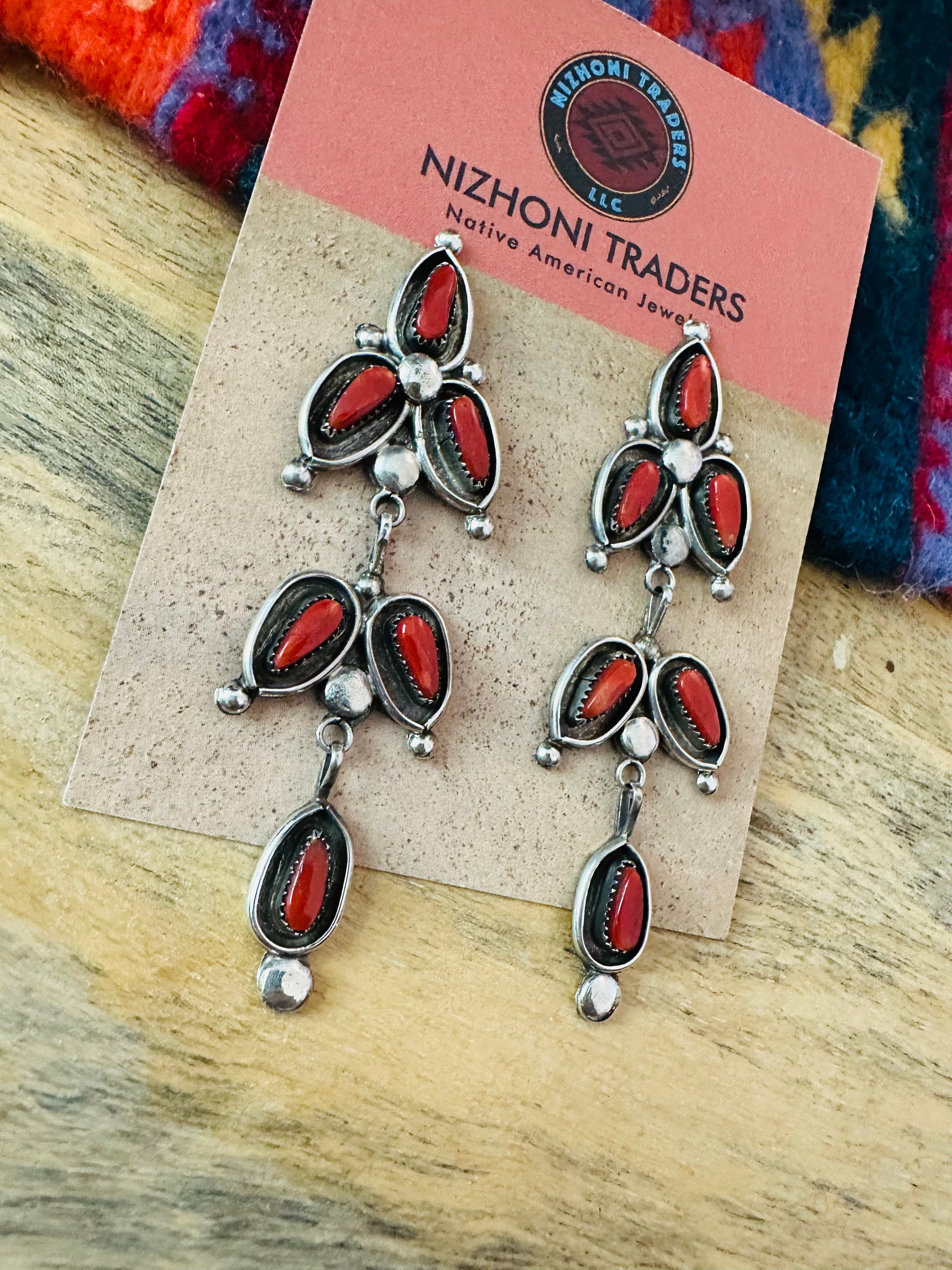 Navajo Coral & Sterling Silver Dangle Earrings