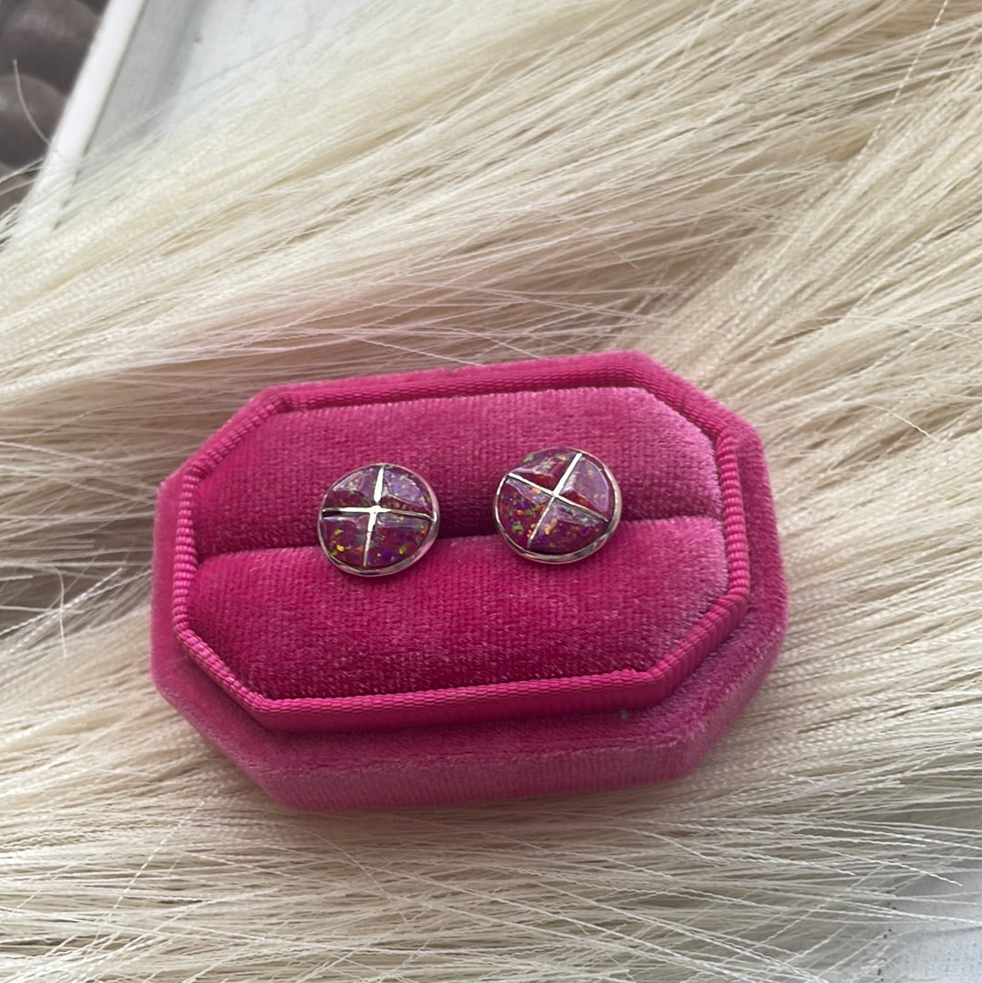 Navajo Pink Opal Inlay & Sterling Silver Stud Earrings