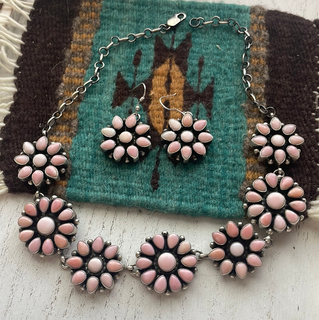 “The Delaney” Navajo Queen Pink Conch Shell And Sterling Silver Necklace Earrings Set Signed