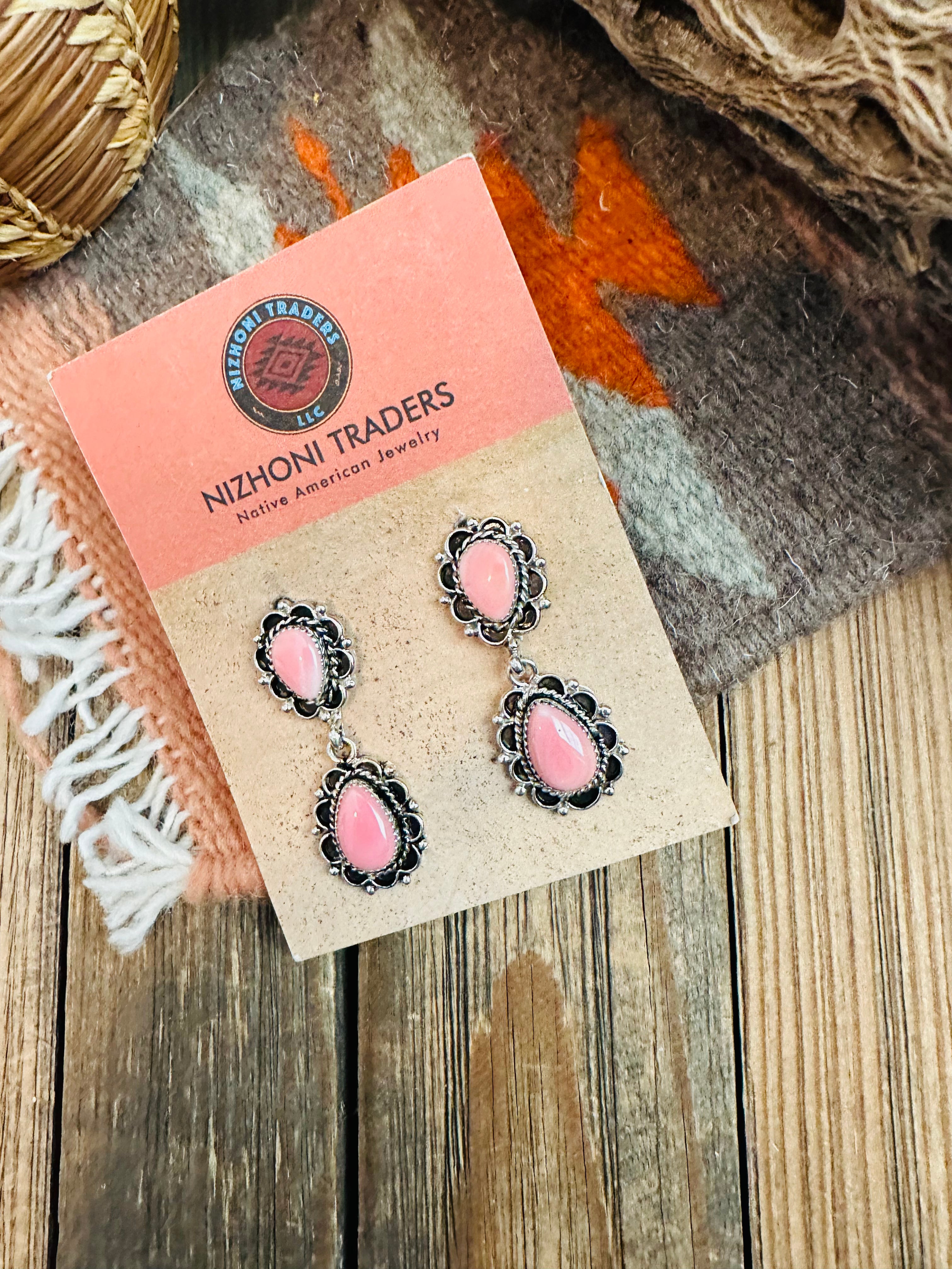 Navajo Queen Pink Conch & Sterling Silver Dangle Earrings