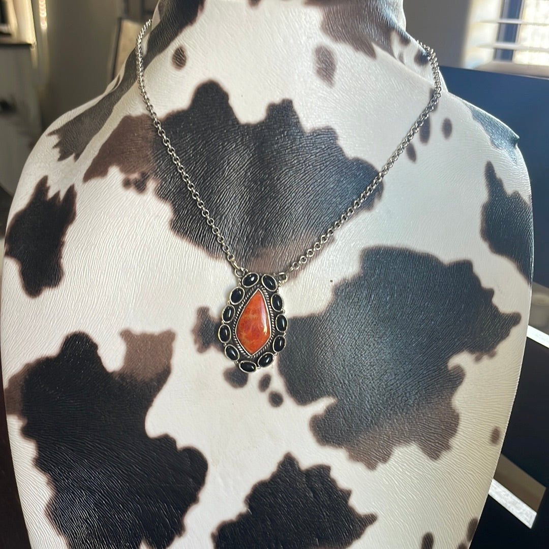 Handmade Sterling Silver, Onyx & Orange Mojave Necklace Signed Nizhoni