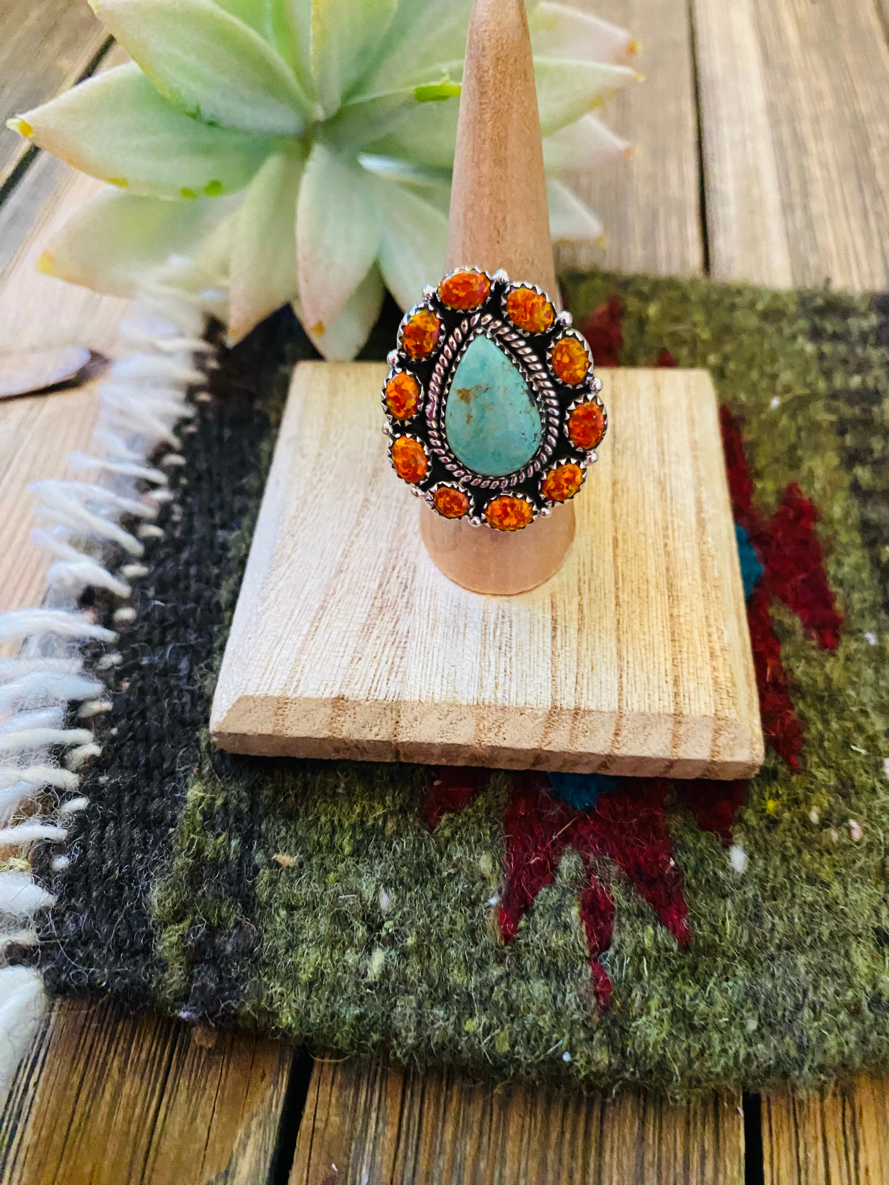 Handmade Sterling Silver, Turquoise & Opal Adjustable Ring