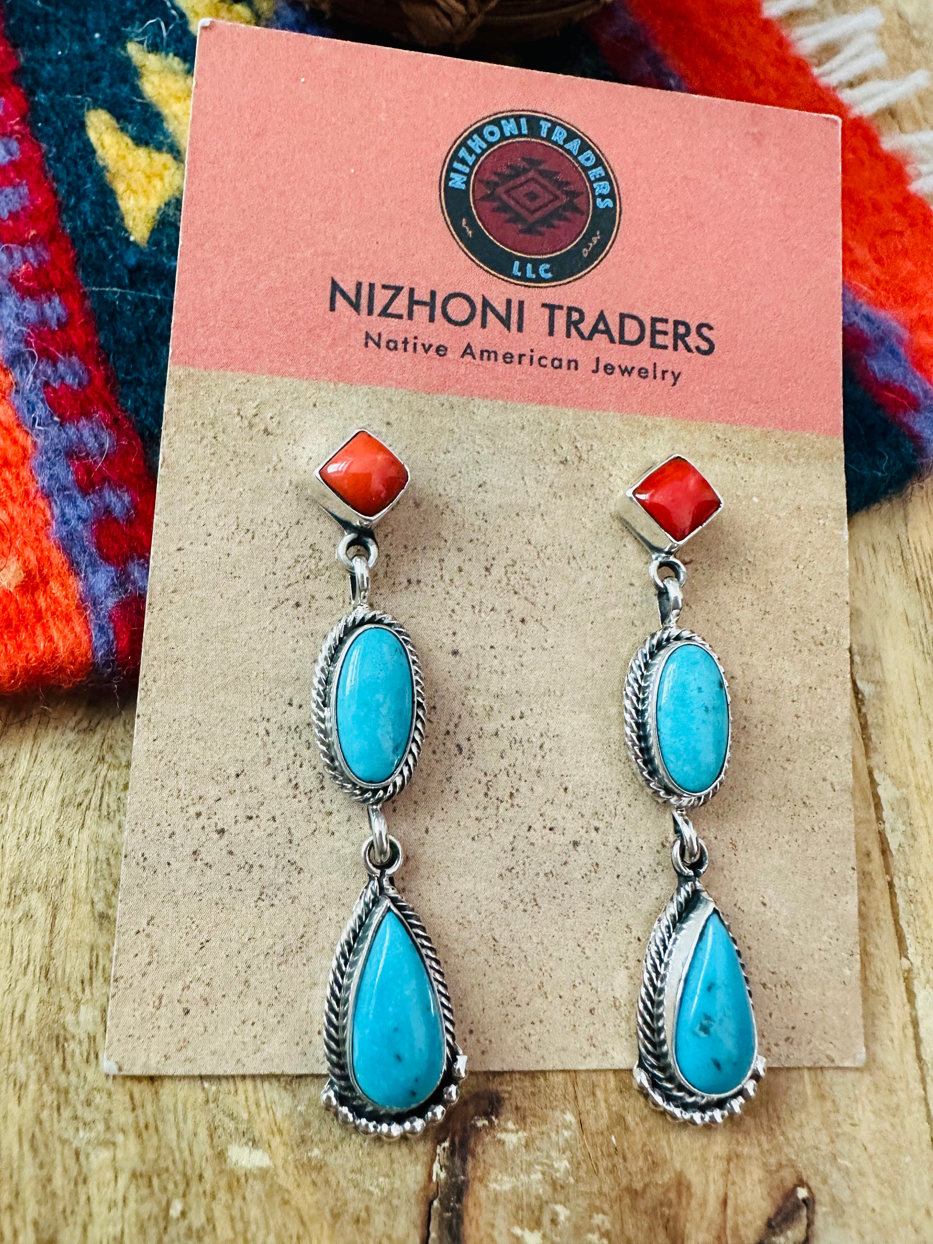 Navajo Turquoise, Coral & Sterling Silver Dangle Earrings