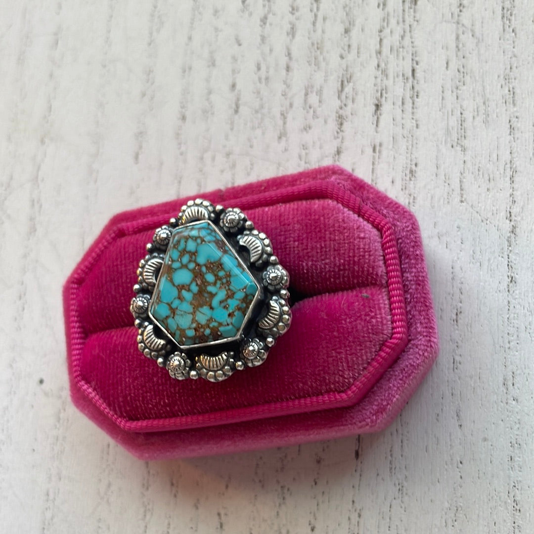 Handmade Sterling Silver & Number 8 Turquoise Adjustable Ring Signed Nizhoni