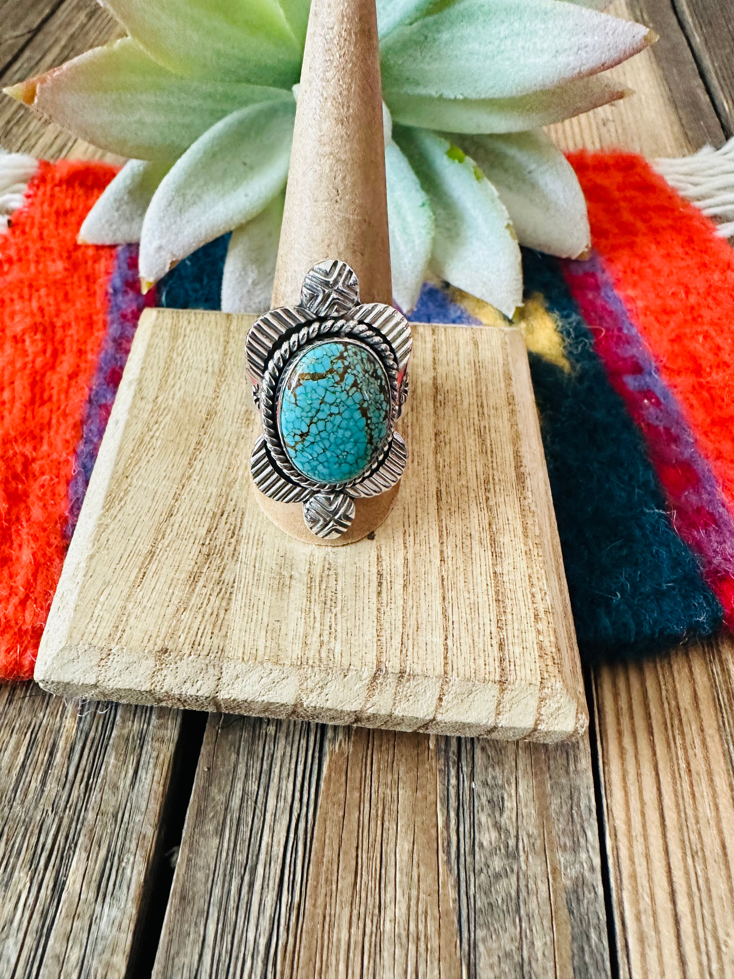 Handmade Sterling Silver & Number 8 Turquoise Adjustable Ring