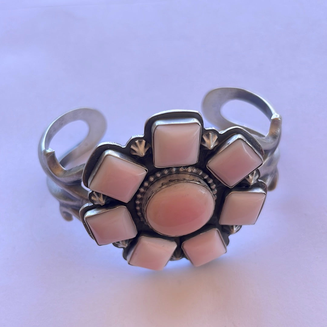 Navajo Queen Pink Conch Shell & Sterling Silver Cluster Cuff Bracelet Signed F.L Begay